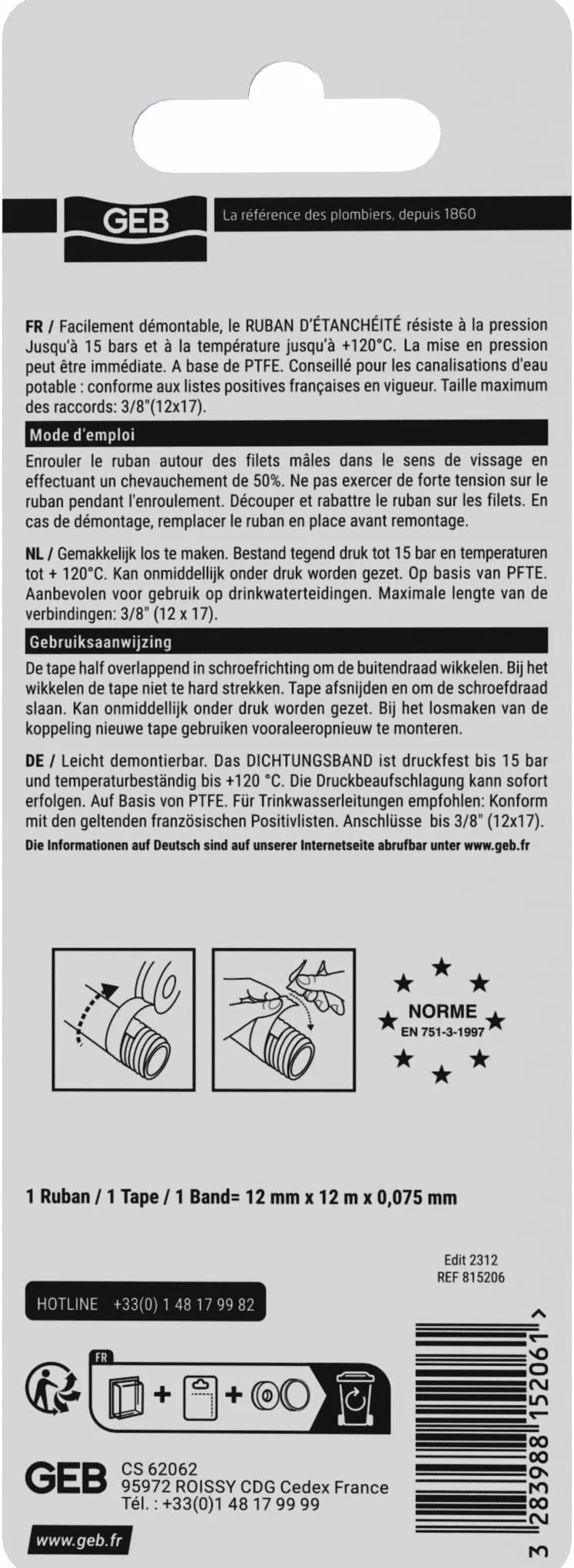 GEB Ruban d'étanchéité PTFE 12 m x 12 mm pour raccords filetés, eau potable, Blanc