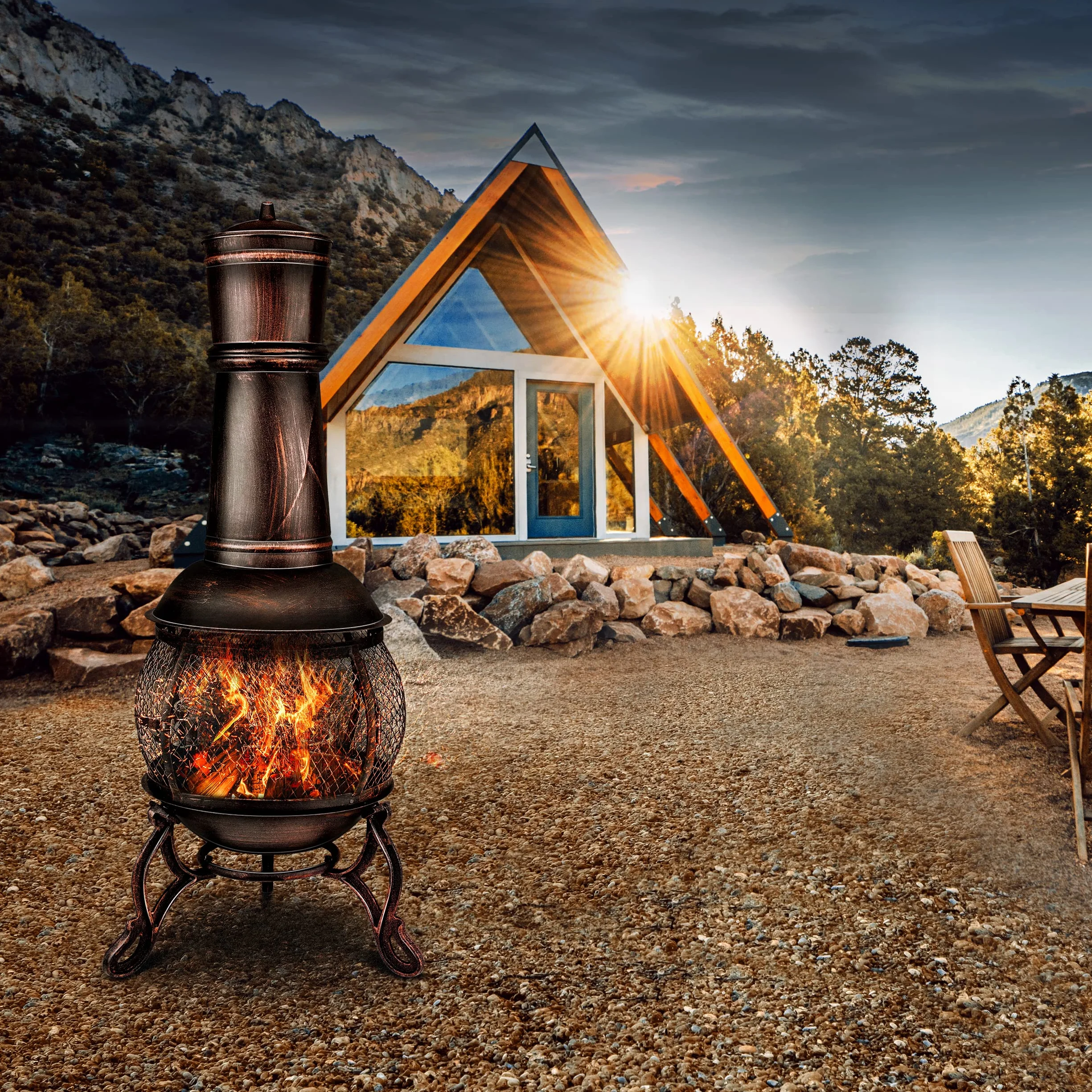 tillvex Cheminée de terrasse extérieure avec Grill | Brasero Mexicain avec Pare-étincelles | Chauffage de Jardin avec Housse | Poêle à Bois | Tisonnier + Grille, BBQ + Accessoires XXL (Bronze, 90)