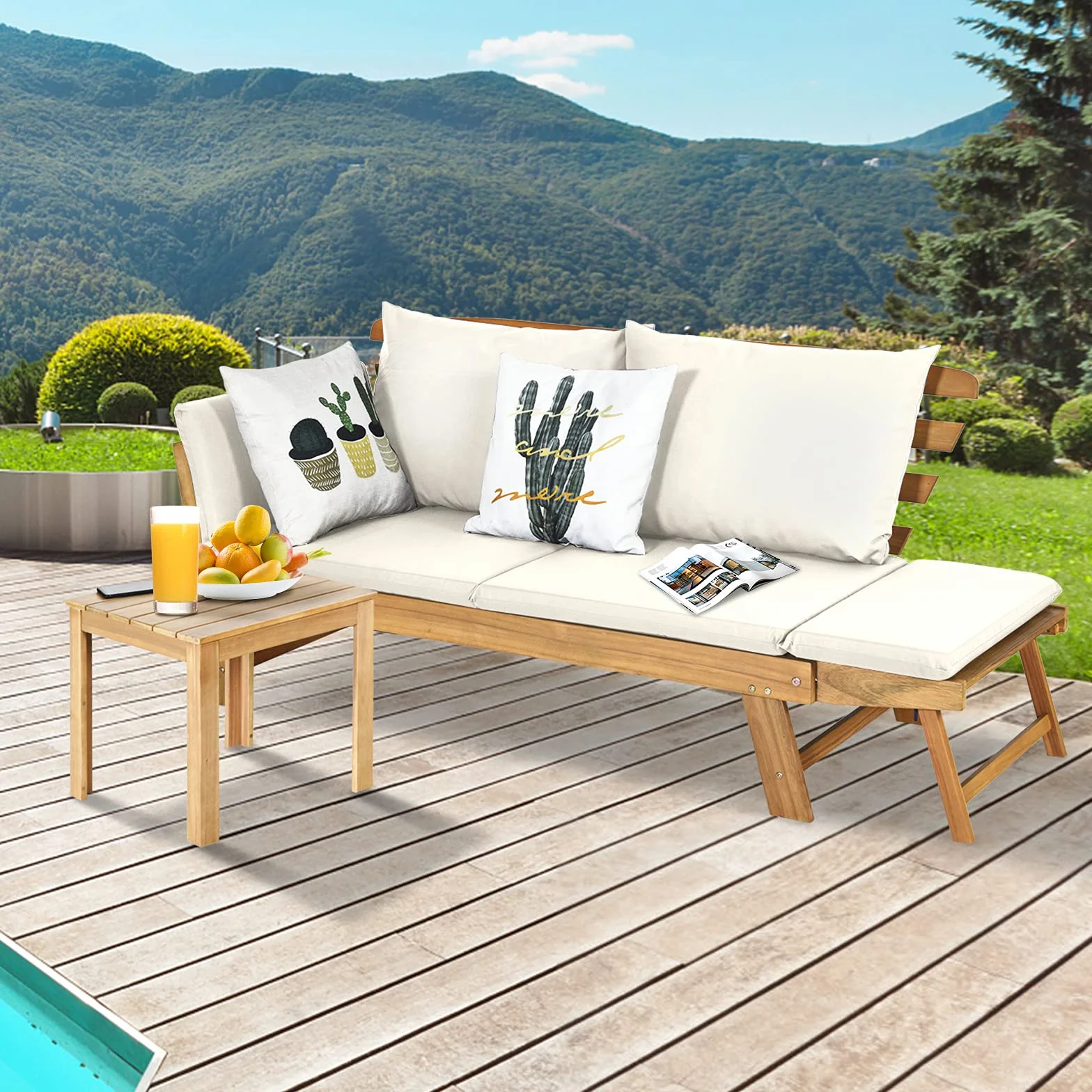 GOPLUS Canapé Lit de Jardin Extensible 2 Places Charge 320 KG, Accoudoirs Réglables, Coussins & Dossier Amovibles, Cadre en Bois d’Acacia Massif, pour Terrasse, Balcon, Parc, Patio (Blanc)