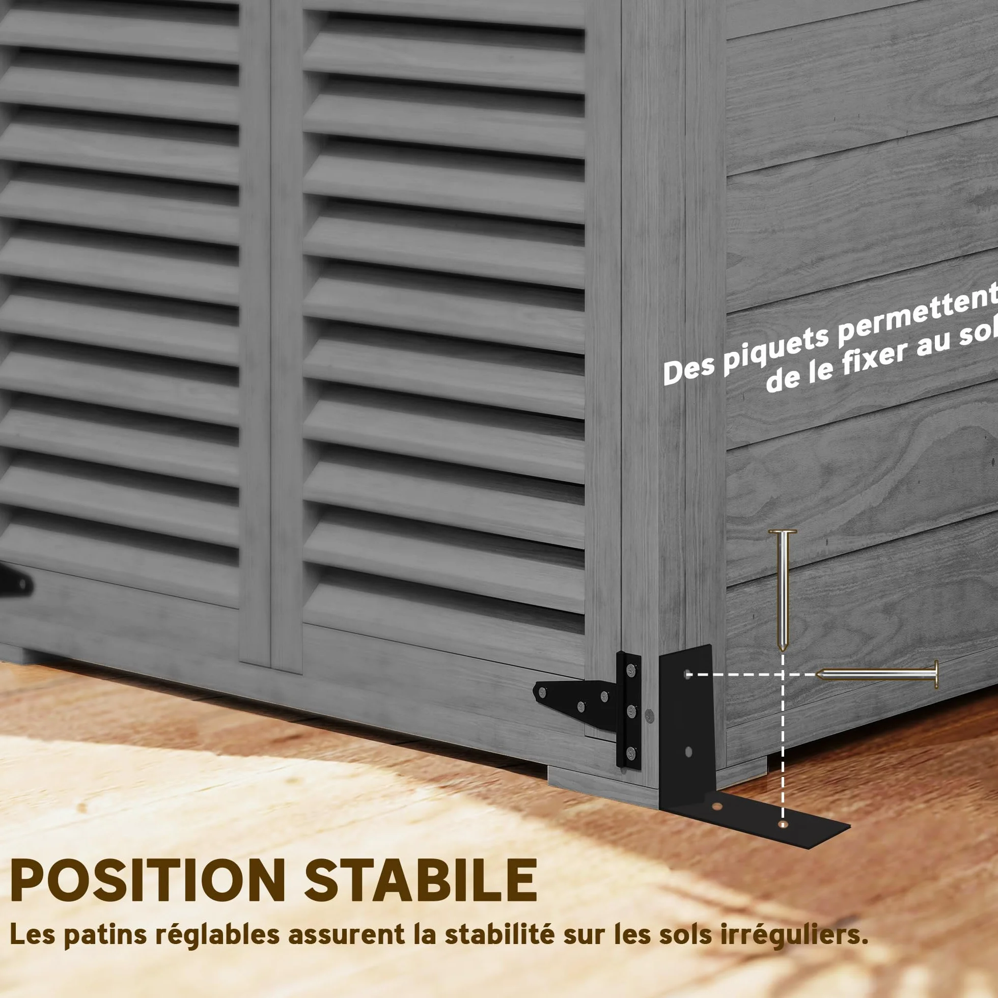 Outsunny Armoire de Jardin Remise Outils Bois 2 Étagères Toit Bitumé Portes Persiennes Verrouillable 75x50x118cm Gris