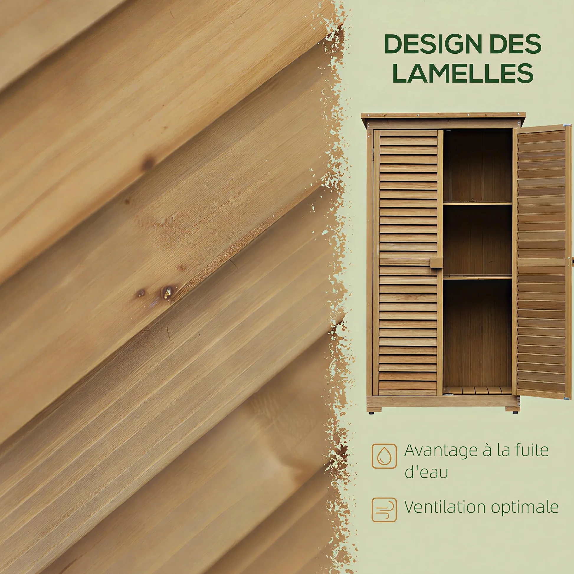 Outsunny Abri de Jardin abri à Outils sur Pied en Bois 2 étagères Portes à Volets Toit en Bitume incliné 87 x 47 x 160 cm Naturel