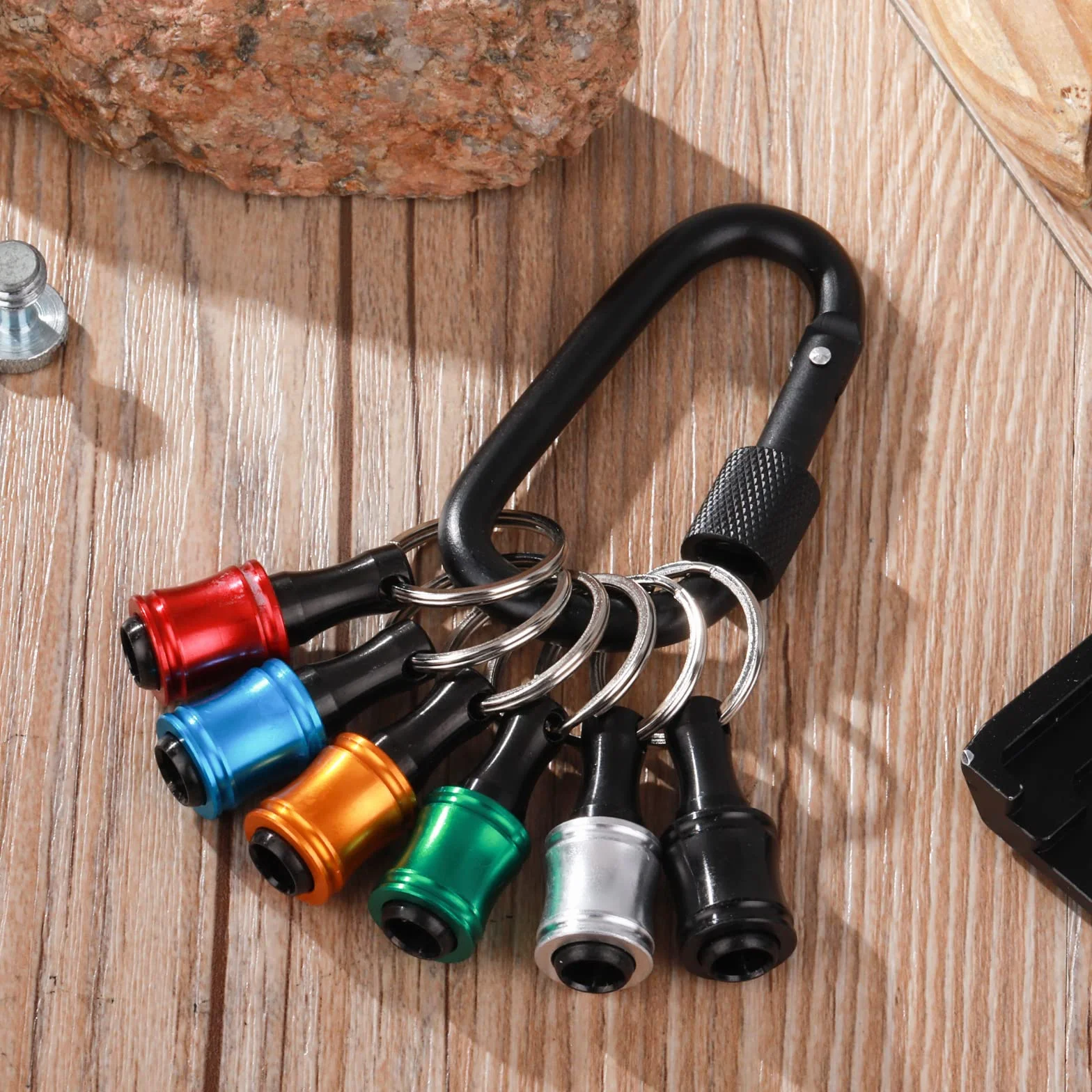 Porte-embouts de perçage 6 pièces, tige hexagonale 6,4 mm, alliage d'aluminium, avec mousqueton, noir