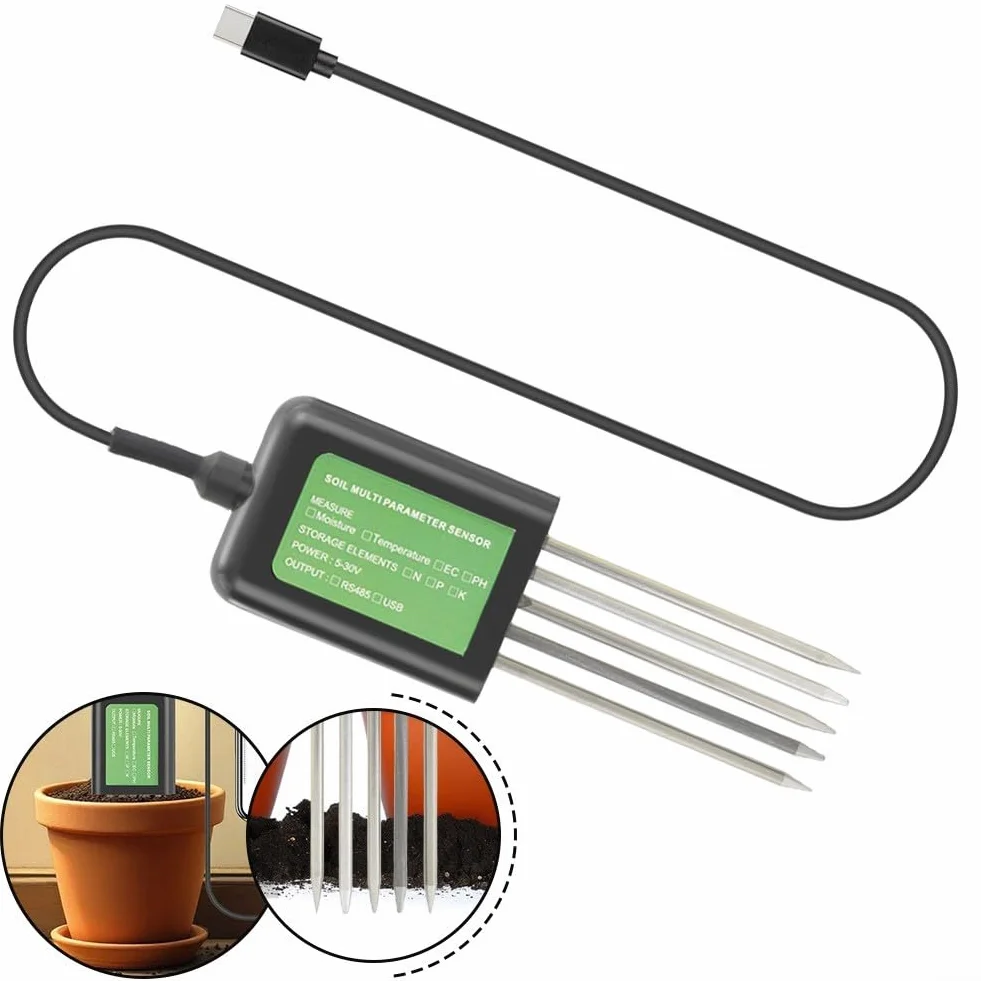 Testeur de sol 7-en-1, mètre d'analyse de sol numérique USB pour la mesure de la température, du pH, du NPK et de l'humidité, compatible avec l'application Android, câble de 1,5 m
