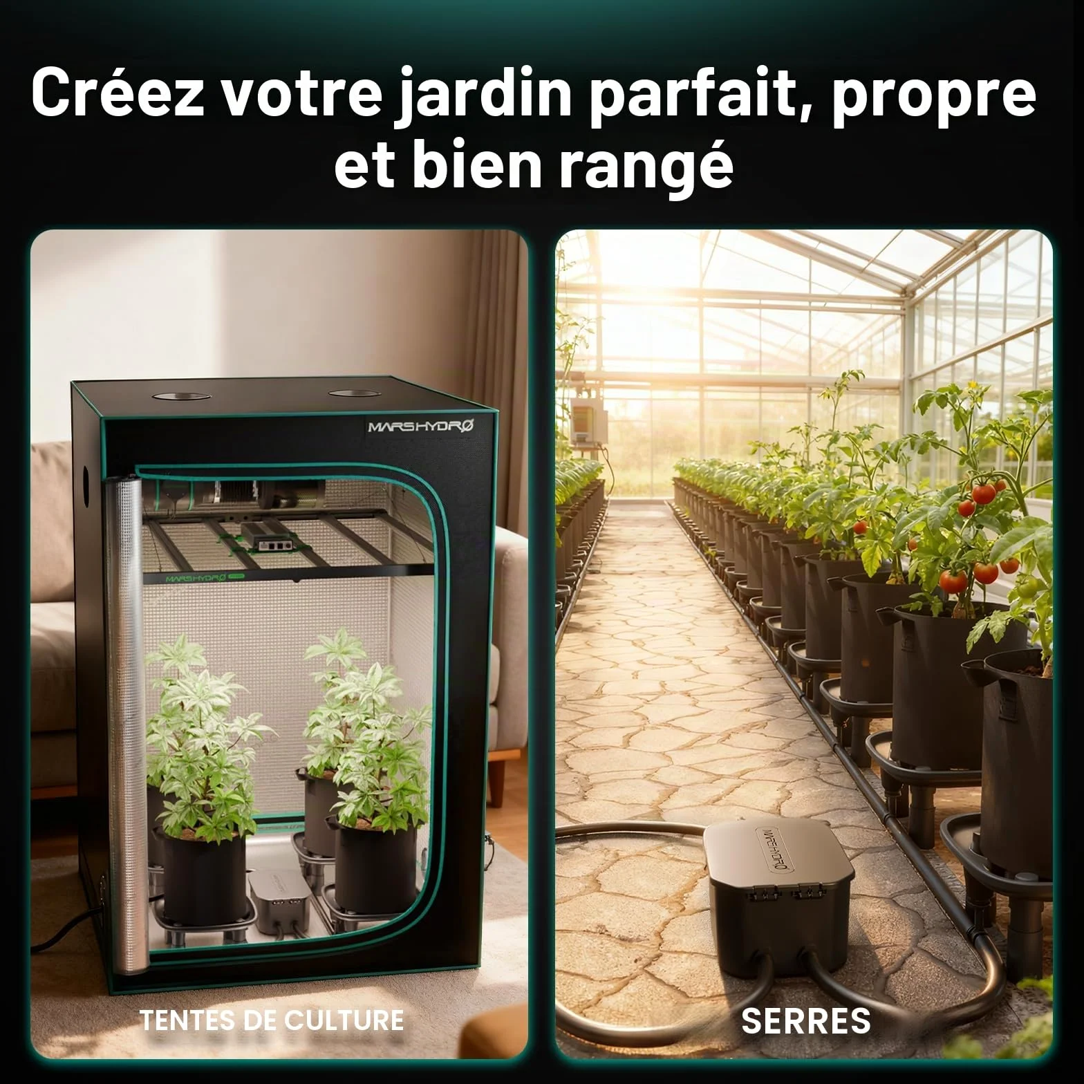 MARS HYDRO Système de drainage automatique - 4 bols + 1 pompe + 4 sacs de plantation (18,9 l) - Pour plantes en pot