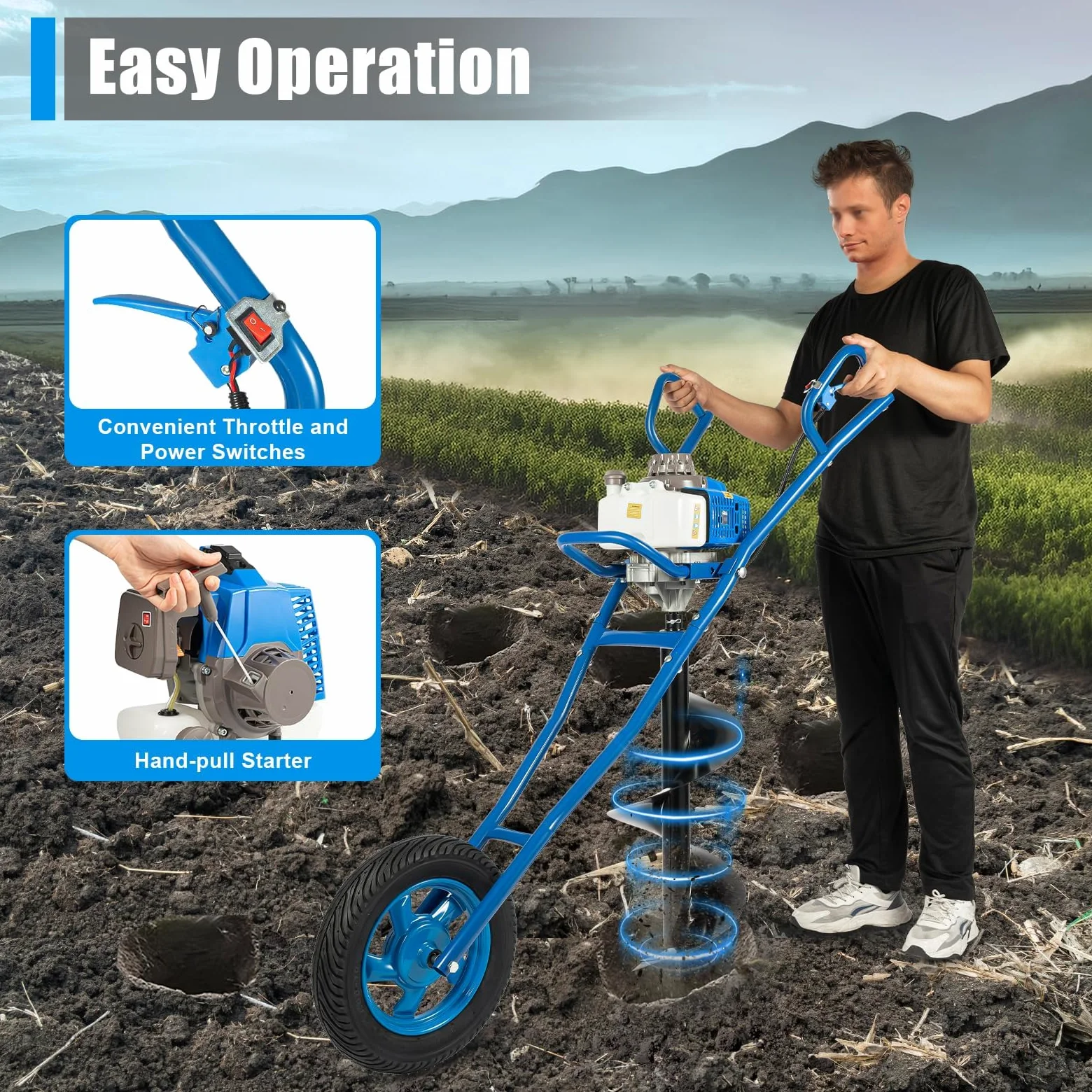 Tarière Thermique 63cc 2 Temps, 2,2kW Tarière à Essence avec Roue, Forage 300mm, Tariere Thermique pour Perceuse de Terre, Outil Creuser Trou pour Agriculture Jardin