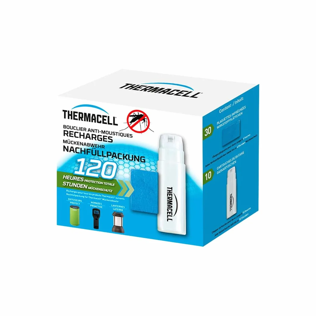THERMACELL Recharge Anti Moustiques 20m² - 120h, 10 Cartouches Gaz + 30 Plaquettes