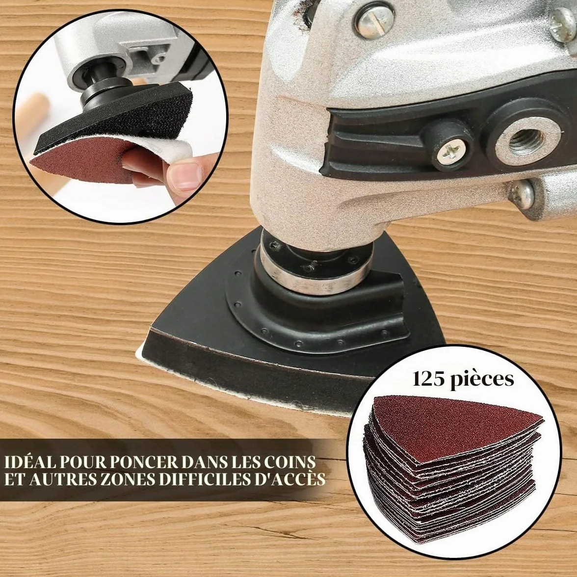 Kit 130 patins ponçage oscillants + 125 papiers abrasifs grains 60-240 pour bois plâtre