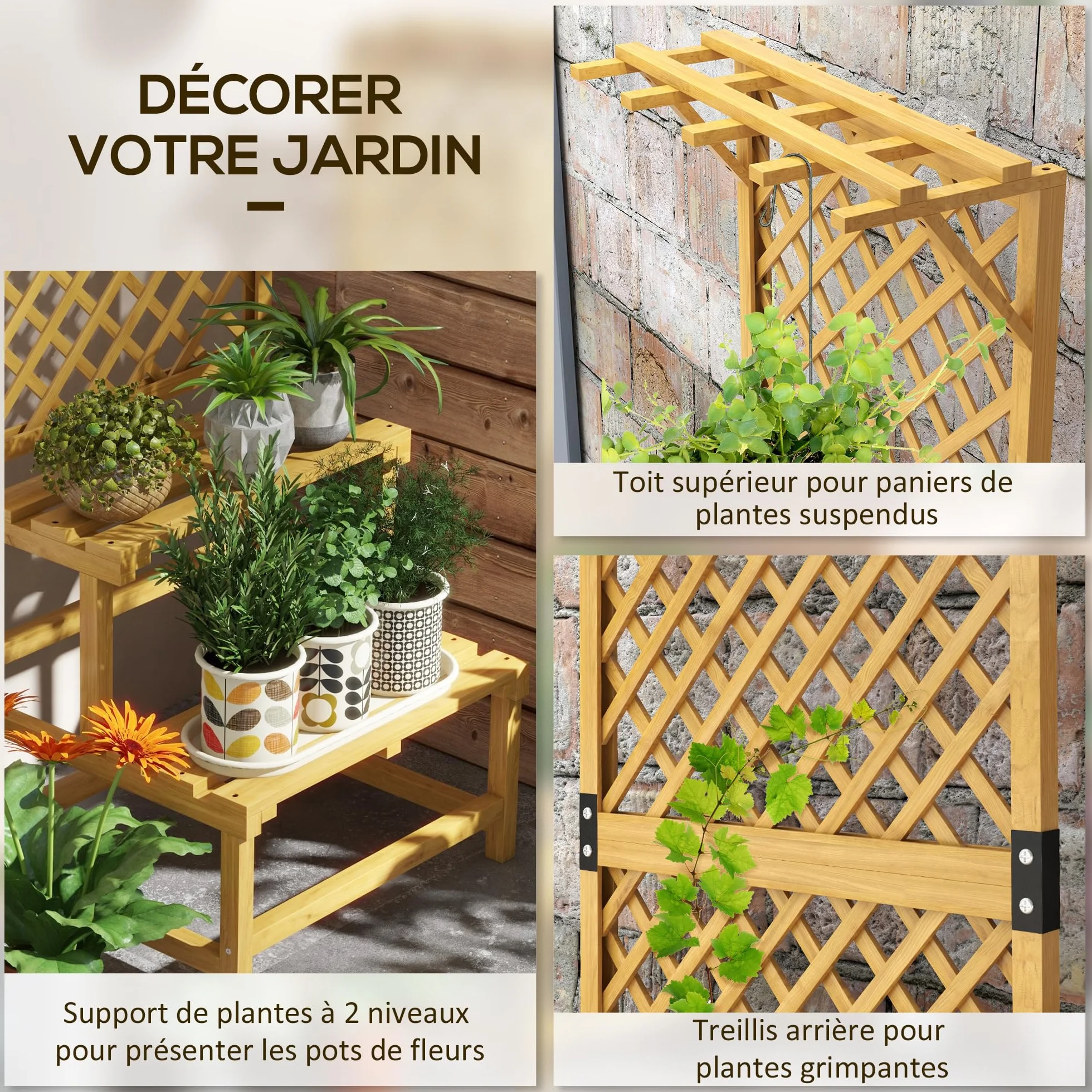 Outsunny Support plantes intérieur porte plante à deux niveaux avec treillis bois massif jaune