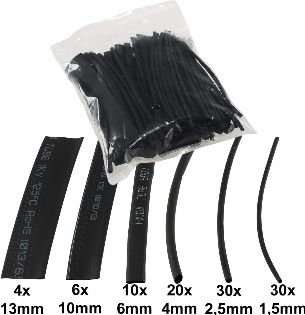 Set de gaine thermorétractable 100 pièces 6 tailles 2:1 Noir étanche isolant