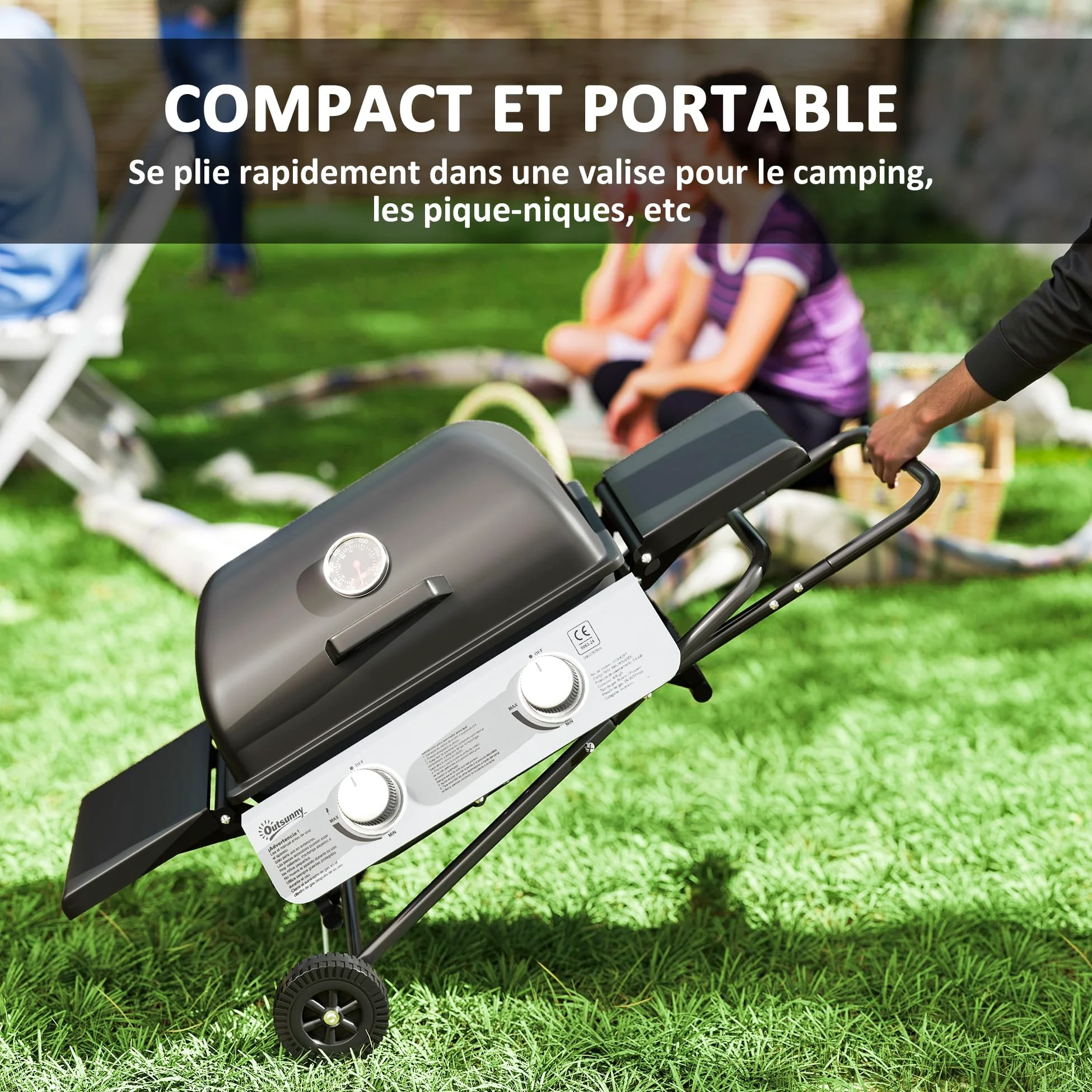 Outsunny Barbecue Gaz Transportable Pliable, 2 Brûleurs 5,6 kW, Barbecue Gaz de Camping avec Grille de Cuisson, Étagères Latérales, Couvercle, Thermomètre et Roues, pour Camping Jardin Balcon, Noir
