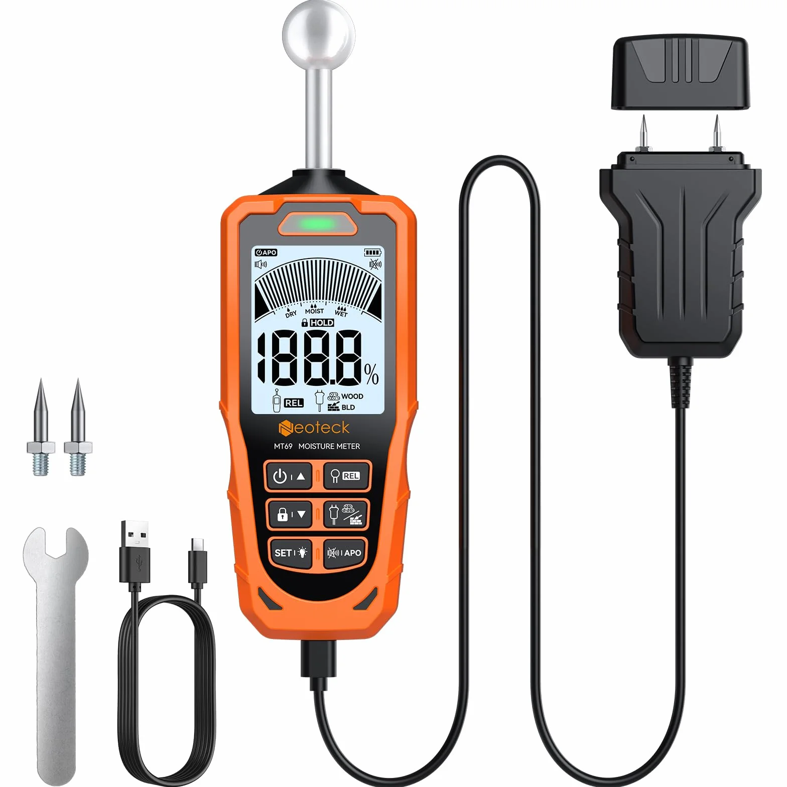 Neoteck Testeur Humidité 2 en 1 à Sondes Sphérique et à Aiguilles ±2.5% pour Bois Béton Humidimètre Numérique LCD