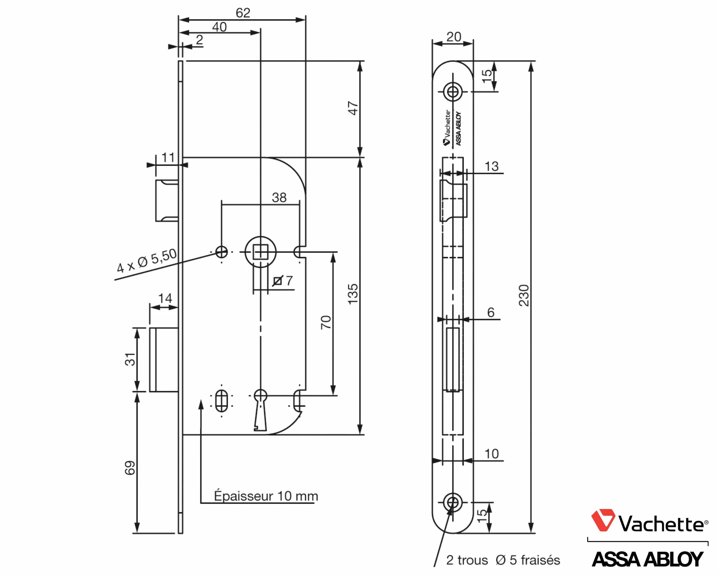 Vachette Serrure à Encastrer à clé Axe 40 mm Coffre 135 mm Réversible sans démontage Têtière bouts ronds Porte intérieure Blanc Gâche et Clé inclus