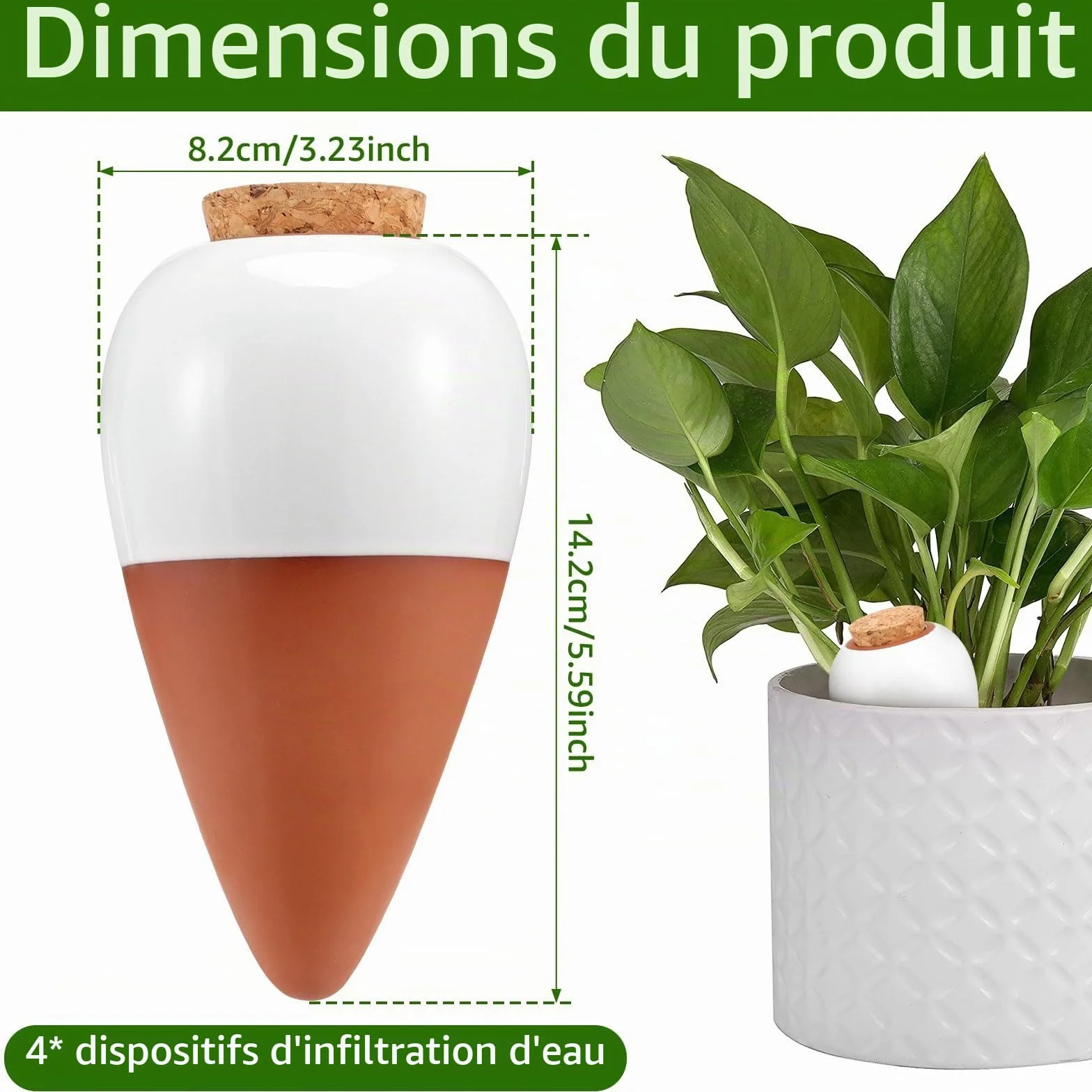 Lot de 4 globes d'arrosage pour plantes en terre cuite - 320 ml - À libération lente - Pour l'intérieur et l'extérieur - 8,2 x 8,2 x 14,23 cm