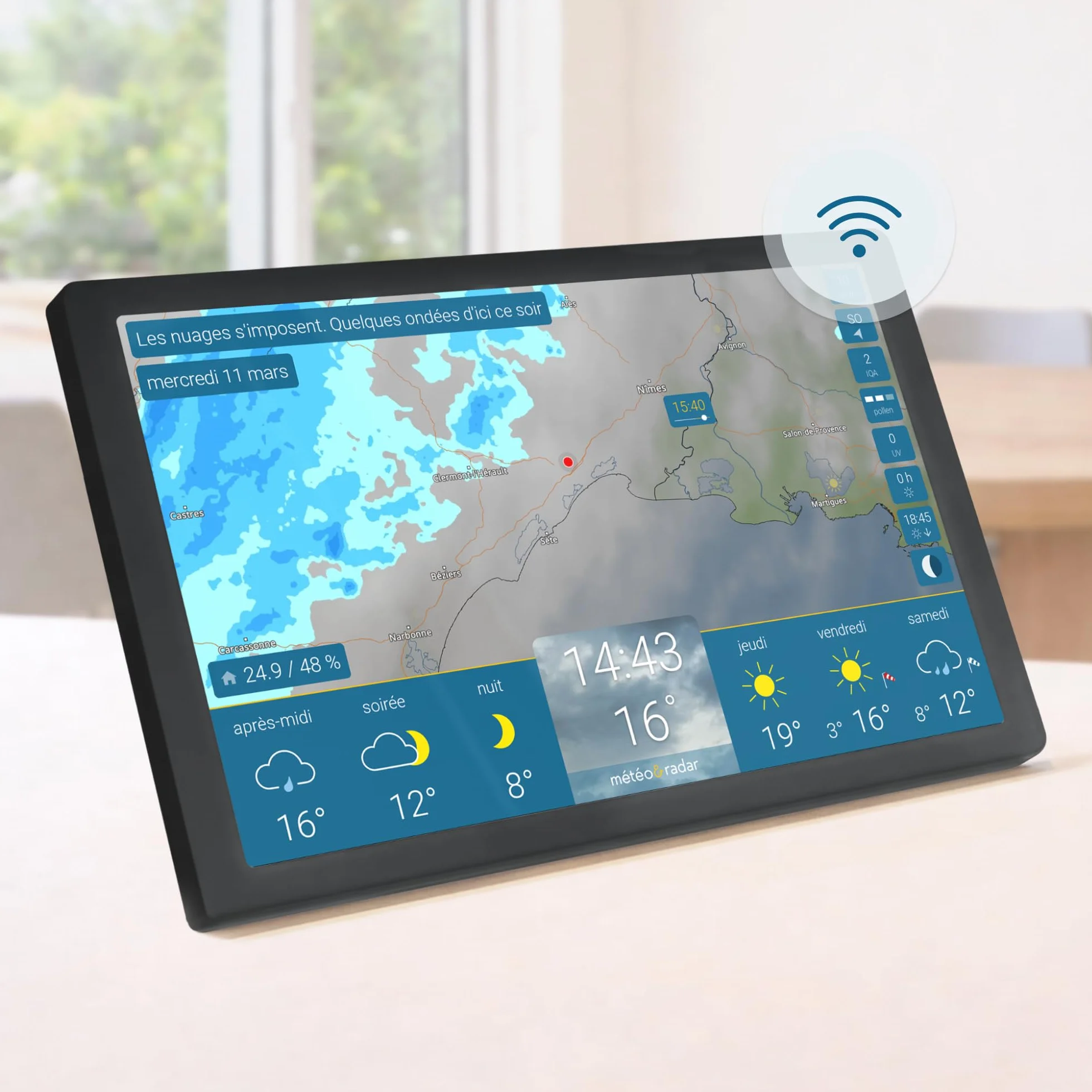 Station météo Wi-Fi avec radar météo, écran grand, alertes intempéries, prévisions 14 jours