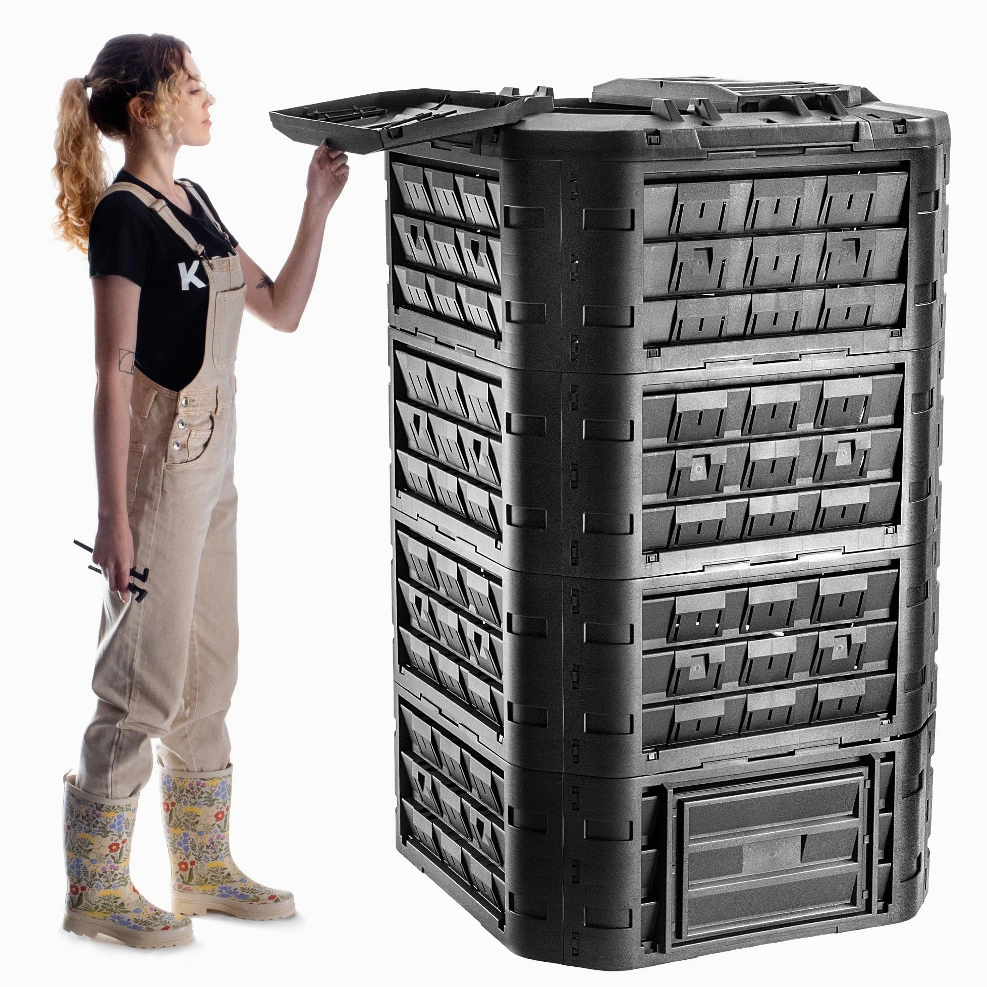 KADAX Composteur modulaire pour déchets de jardin, poubelle à compost avec ventilation et irrigation, 1250 L (noir)