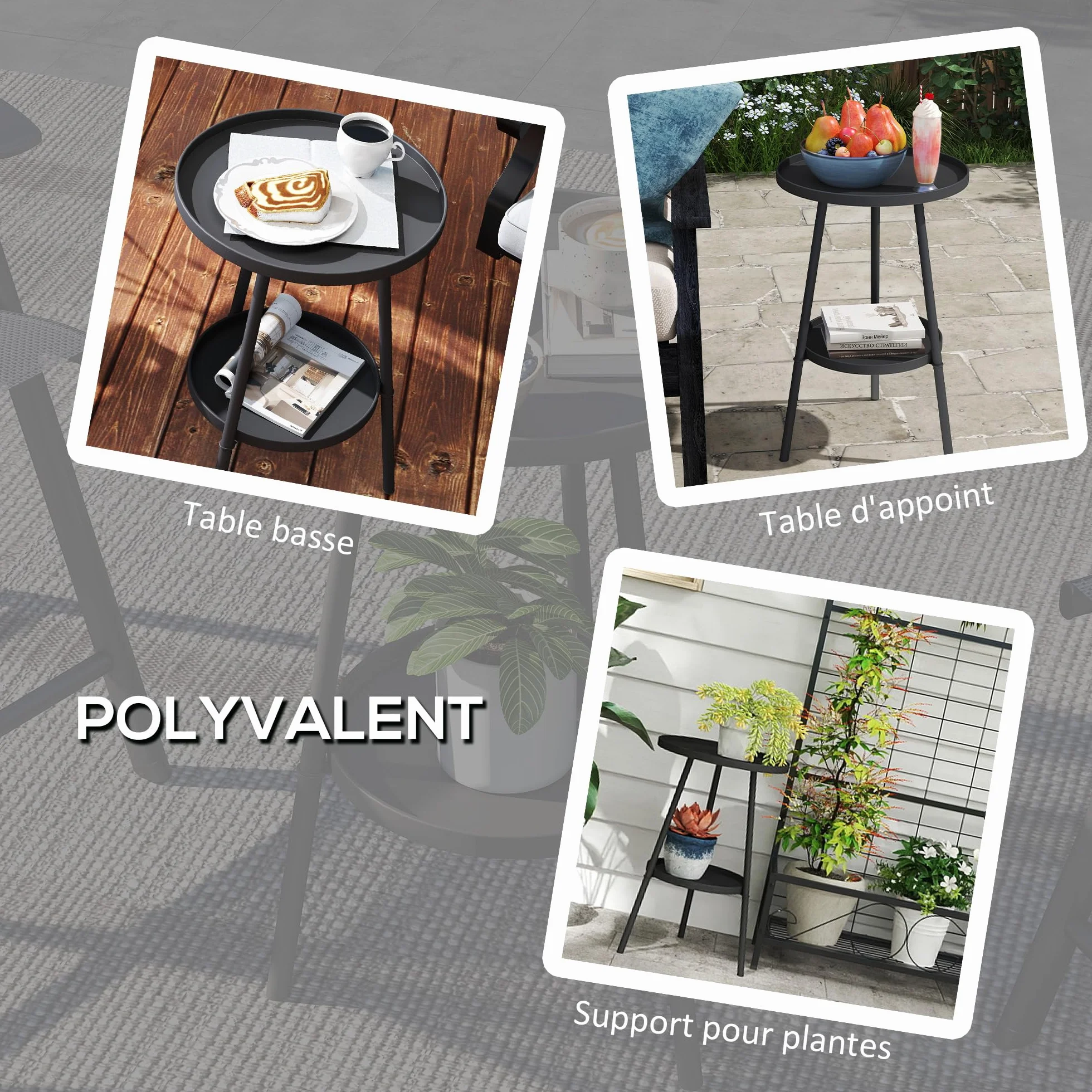 Outsunny Petite Table d'appoint Ronde 2 Niveaux Table de Jardin Métal Noir
