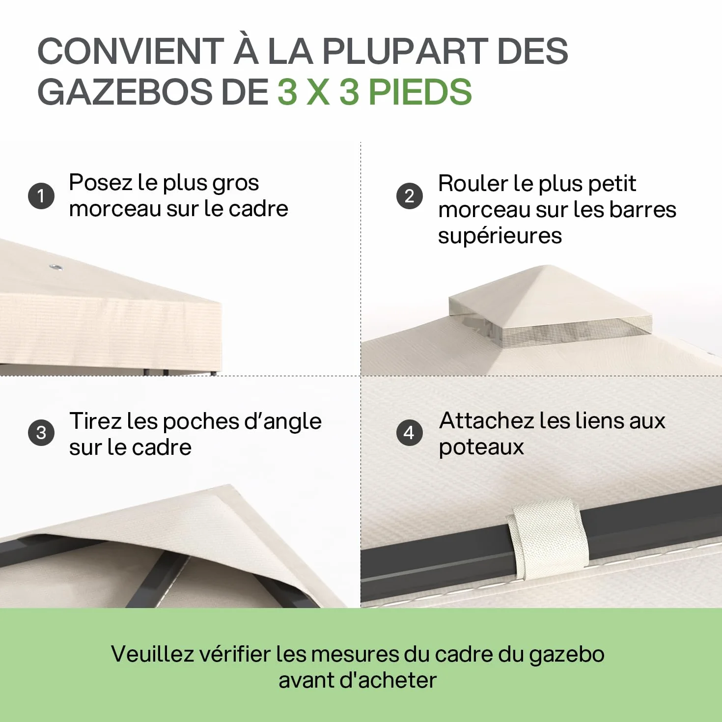 Toile de Toit de Rechange pour Pavillon Tonnelle Tente 3x3 m Double Étage Canvas 250g/m² Imperméable Beige
