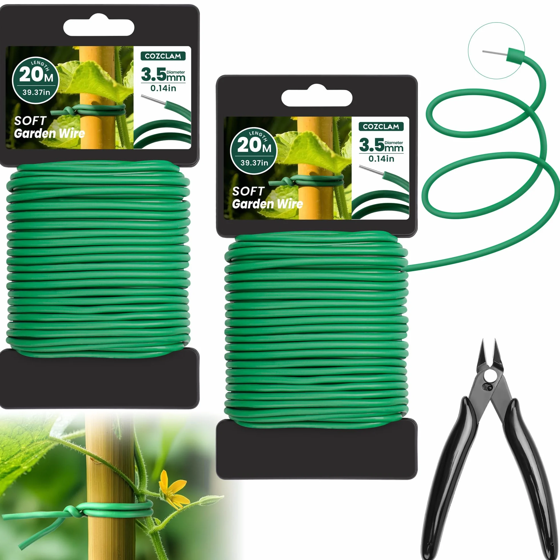 COZCLAM 2 x 20m Fil de Fer Jardin avec Coupe, 3.5mm Fil de Fer Cloture, Fil de Fer Vert de Plastique pour Le Jardinage, Tomates, Fil de Fer Souple Loisir Creatif pour Organiser Les Câbles, Projets