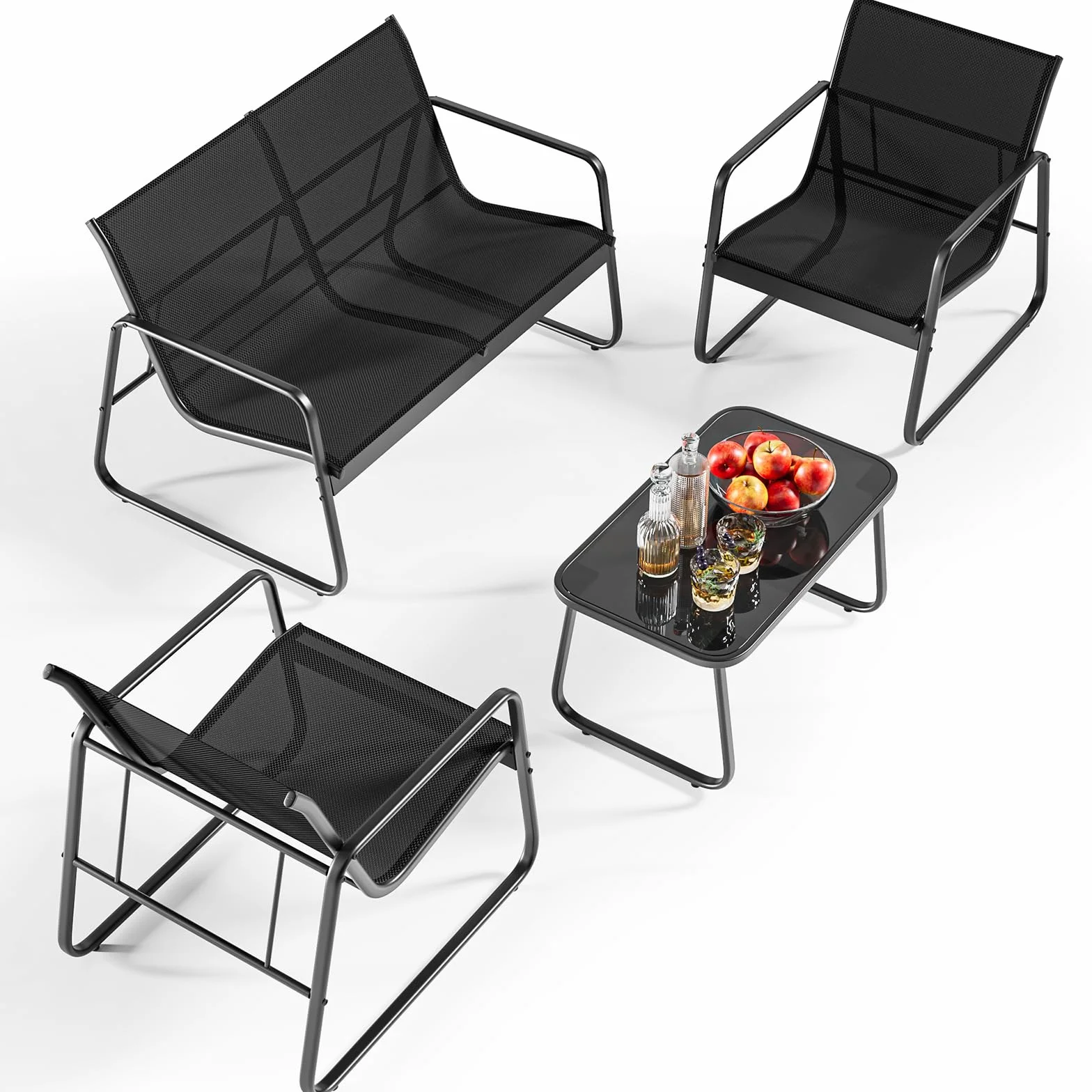Bealife Ensemble de Meubles de Jardin 4 Pièces Salon de Jardin Métal Textilène 3 Fauteuils Table Verre Noir