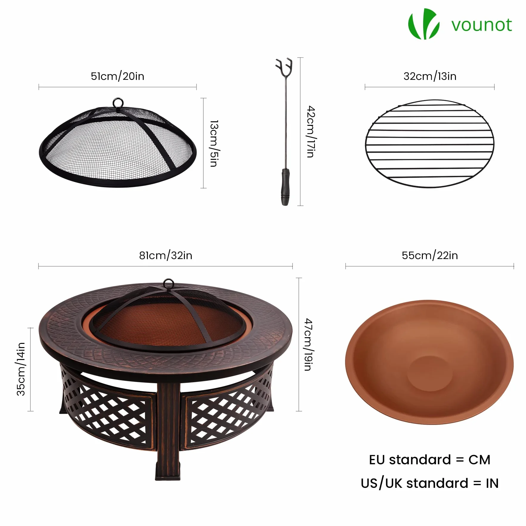 VOUNOT® Brasero Extérieur Ø81cm Métal Pare Étincelles Couvercle Tisonnier Chauffage Jardin Terrasse Foyer Rond Noir