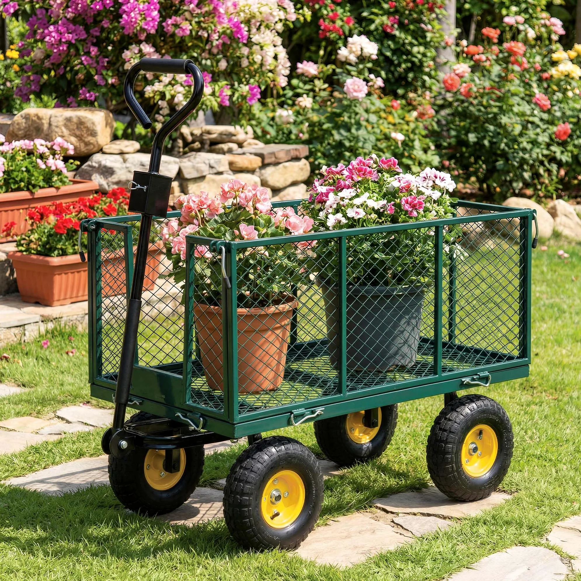 Wiltec Chariot Transport XXL Pliable – 1140 x 520 x 1050 mm – capacité 550 kg – avec Bâche Amovible, Pneus Robustes et Grille de Rangement – Diable Jardin Jardinage Outils Outillage