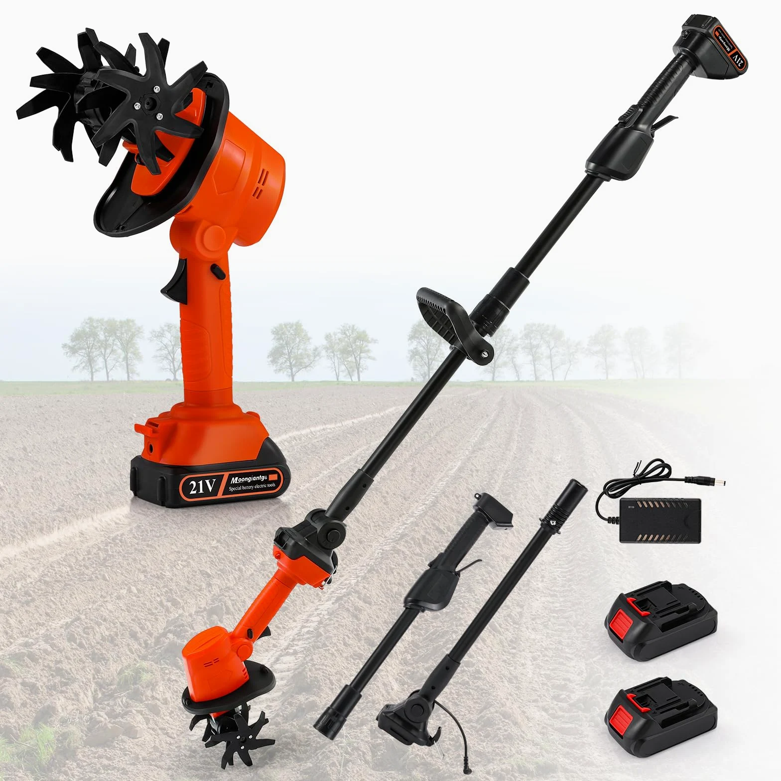 Moongiantgo Motobineuse-Sarcleuse 2-en-1 sans Fil, Design Main/Perche avec 4 Lames en Acier Trempé, Double Batterie 21V pour Désherbage, Labour, 10 cm de Profondeur/Largeur, 2×1500 mAh