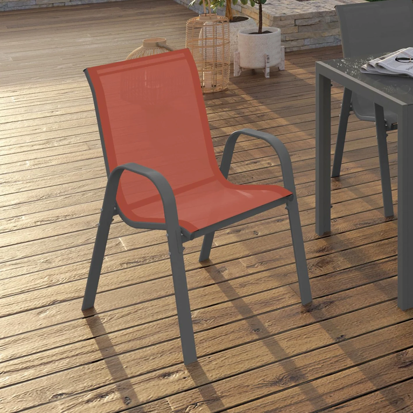 IDMarket - Lot de 6 chaises de Jardin LYMA métal et textilène empilables Gris Noir et Terracotta