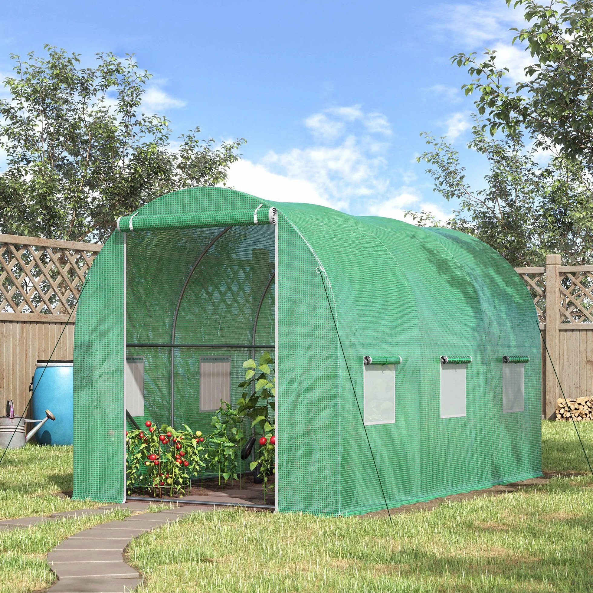 Outsunny Tunnel Serre de Jardin Surface au Sol 6 m² dim. 3 x 2 x 2 m Châssis Tubulaire renforcé Porte battante 6 fenêtres enroulables Vert
