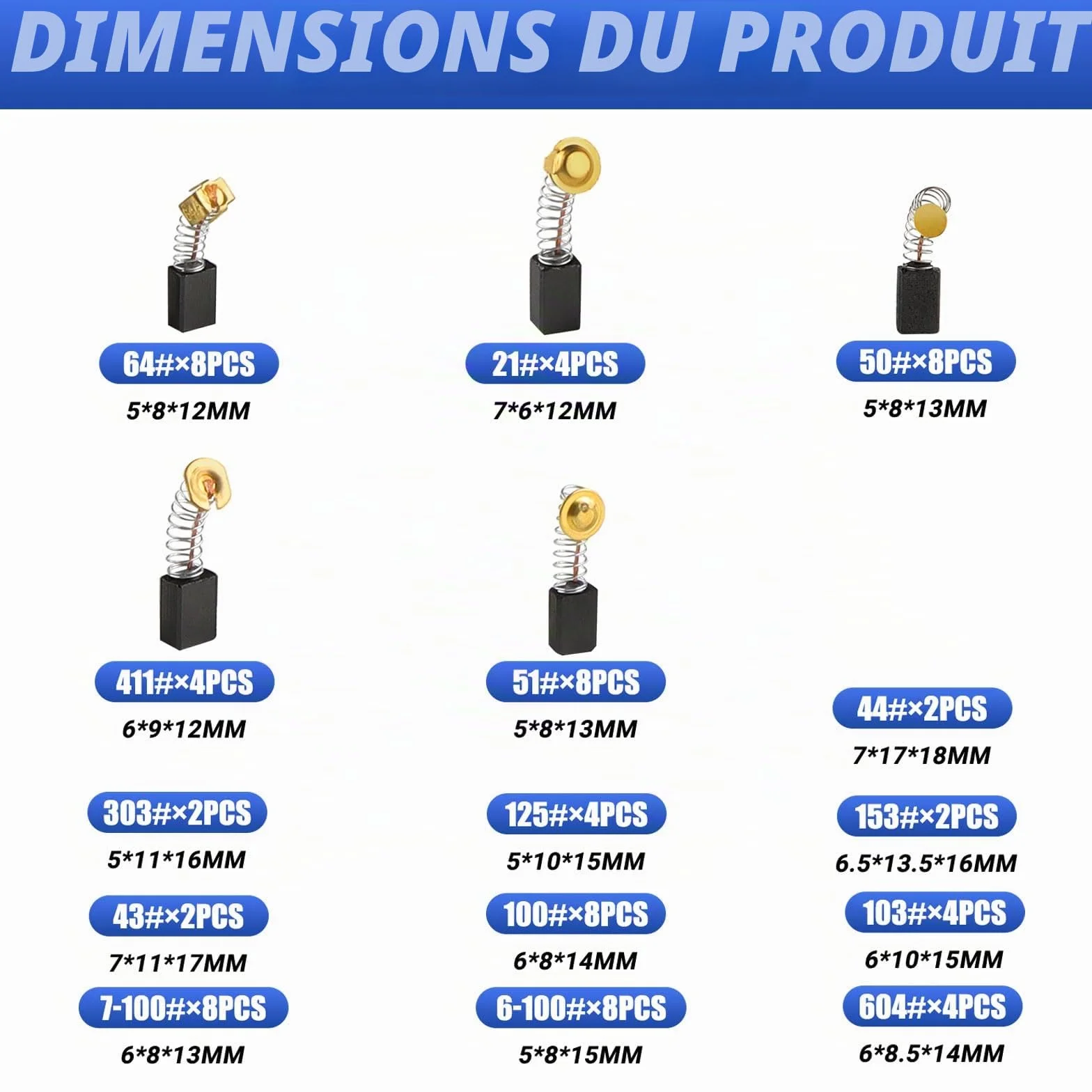 Balais de Charbon 76 Pièces pour Outils Électriques Meuleuse Ponceuse Scies 15 Tailles Dureté Élevée