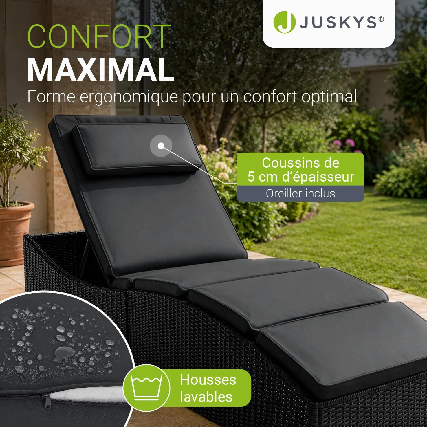 Juskys Chaise Longue de Jardin Lamia Pliante, en polyrotin, avec Support, appuie-tête réglable, Charge maximale de 160 kg - Chaise Longue extérieure de Jardin et Balcon, Noir
