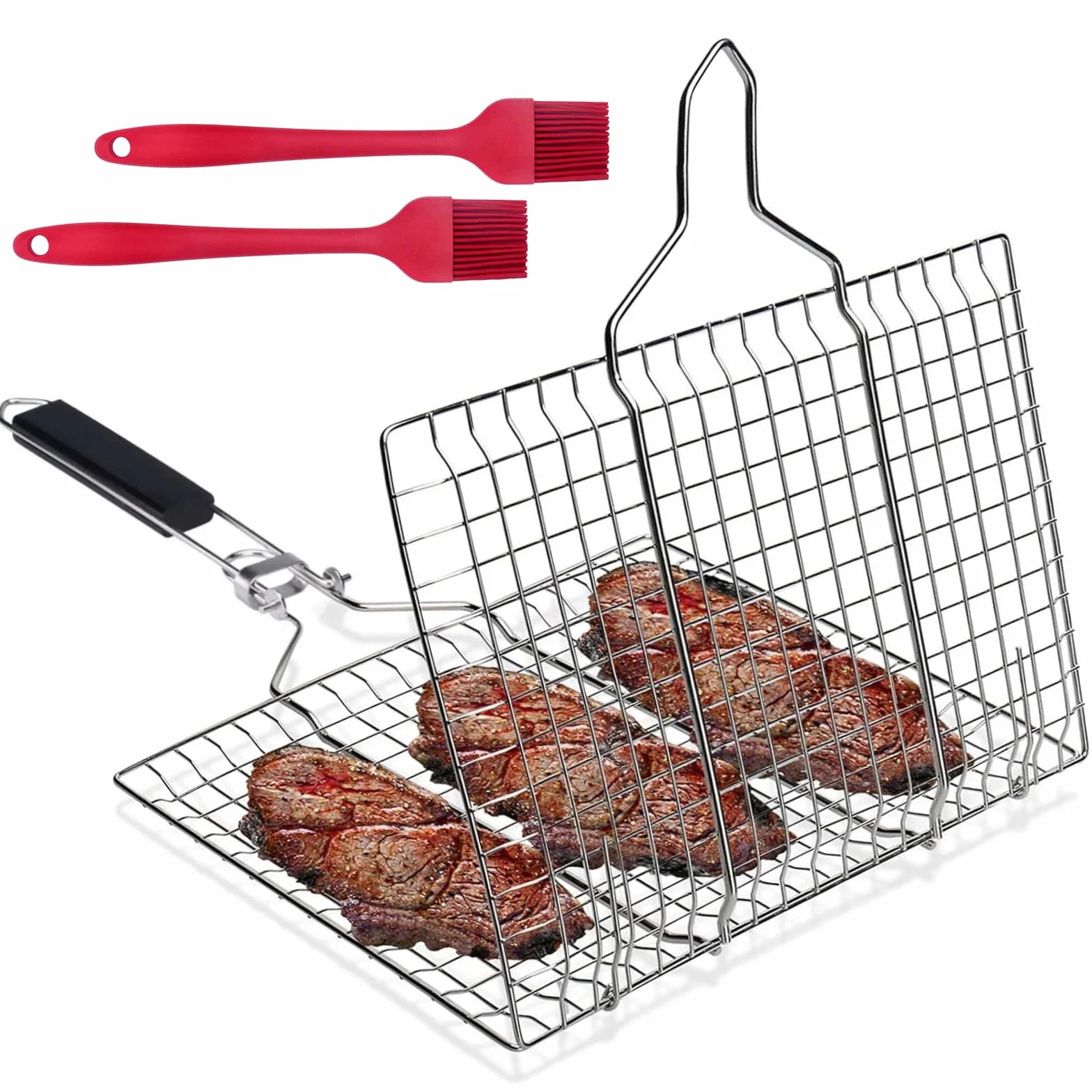 Panier de Barbecue Pliable 32 x 22 cm Acier Inoxydable avec 2 Brosses Silicone pour Poisson Crevettes Légumes Steak