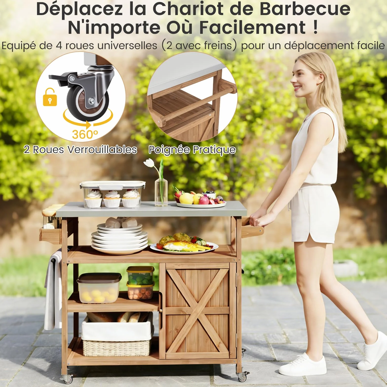 COSTWAY Chariot d'Extérieur en Bois avec Rangement, Meuble de Préparation BBQ avec Plateau 3 Étagères Ouvertes & Armoire