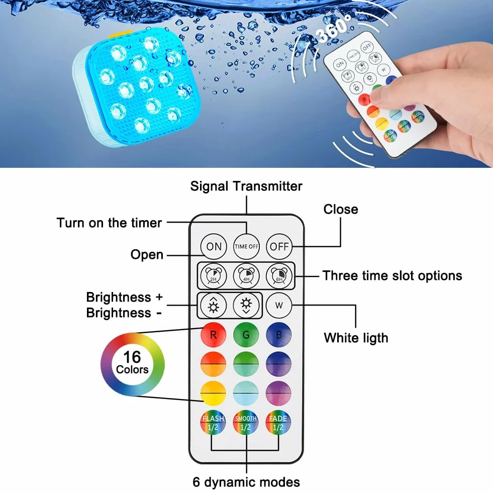Vicloon Lumières LED pour piscine, 2 pièces rechargeables LED submersibles avec télécommande, 6 modes 16 couleurs RVB, IP68 imperméables, pour bain à remous fête spa étang