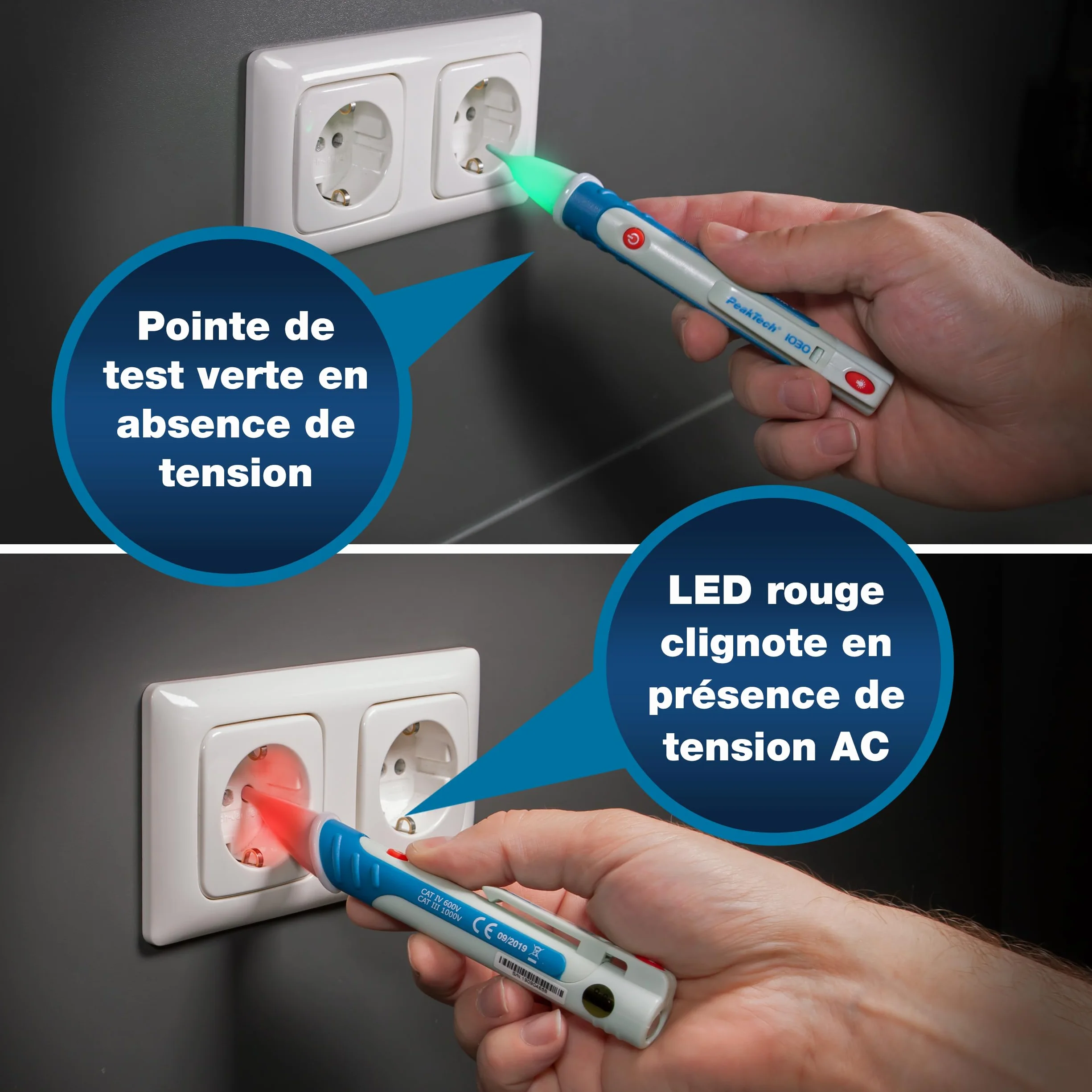 Peak Tech P 1030 Détecteur de Tension Alternative Sans Contact 50-1000 V AC Lampe LED Testeur Signal Acoustique Visuel 157x26 mm