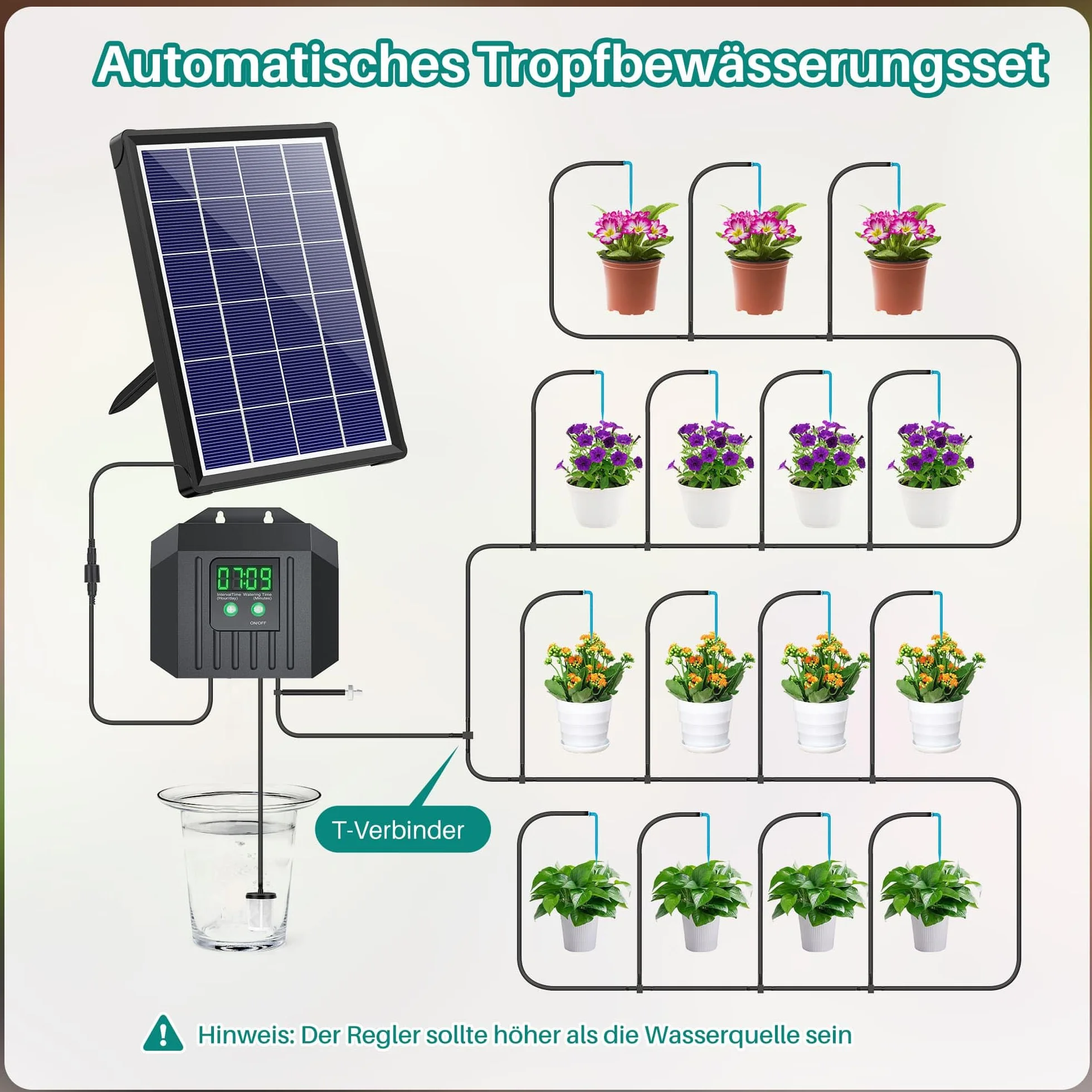 Biling Système d'arrosage solaire automatique 4W 15m pour plantes avec minuterie jardin balcon