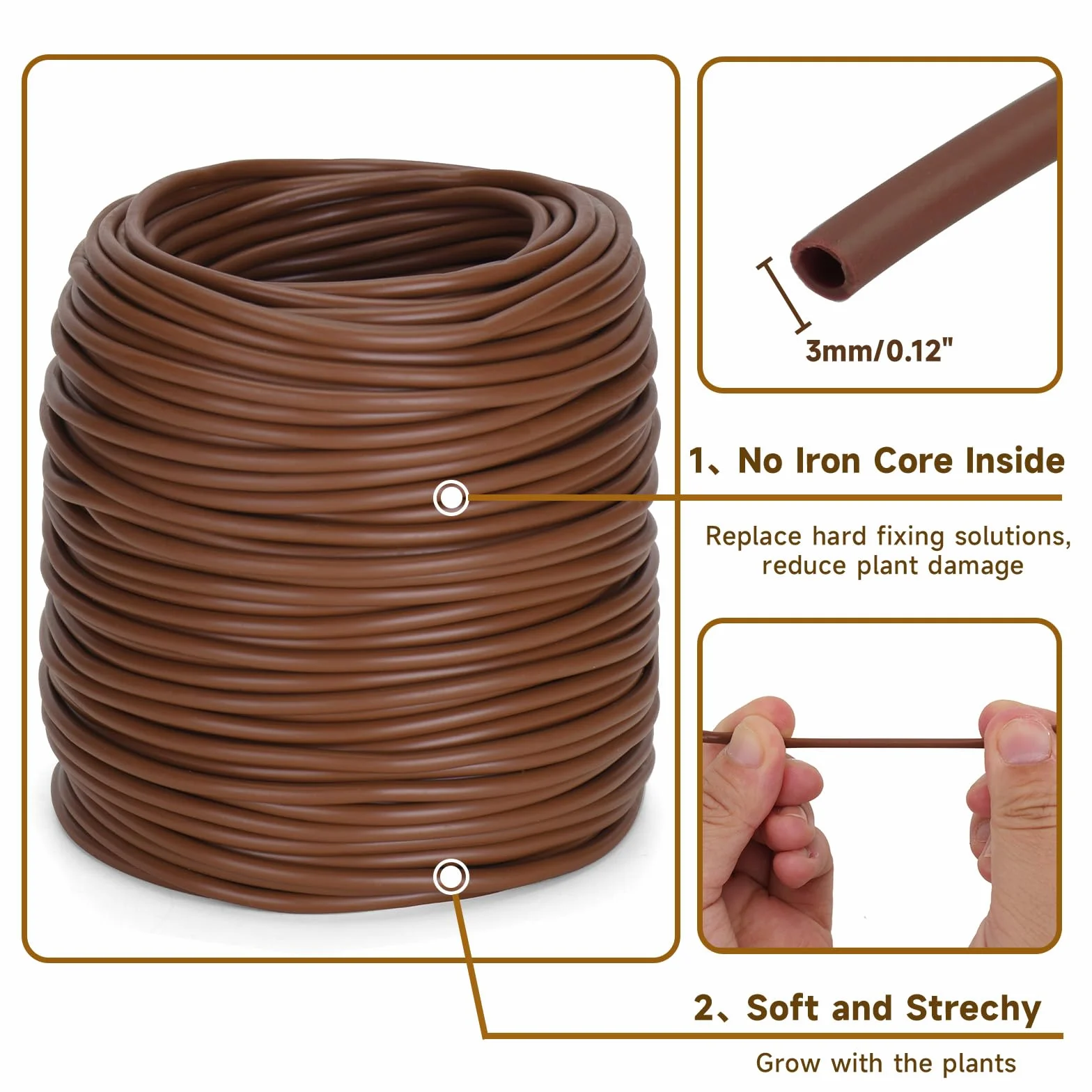 KINGLAKE Lien Souple Tube Creux pour Attacher Plantes, 3mmX100m Cordon Creux, Tuyau Creux en Caoutchouc pour Tomates, Roses, Fleurs- Brun
