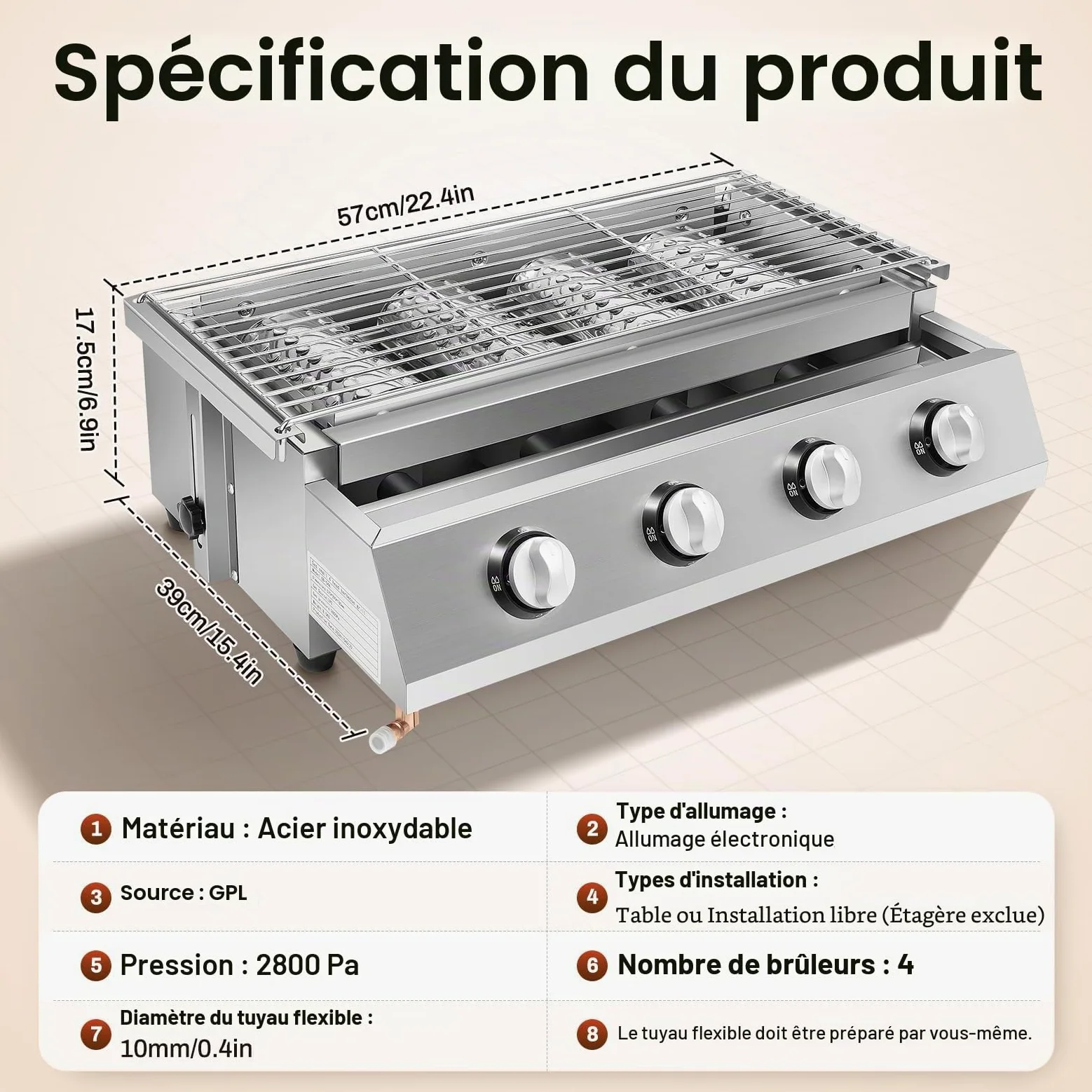 Barbecue à gaz en acier inoxydable - 4 brûleurs - Barbecue de table - Barbecue à gaz GPL - Barbecue amovible - Pour camping, balcon, jardin - Argenté