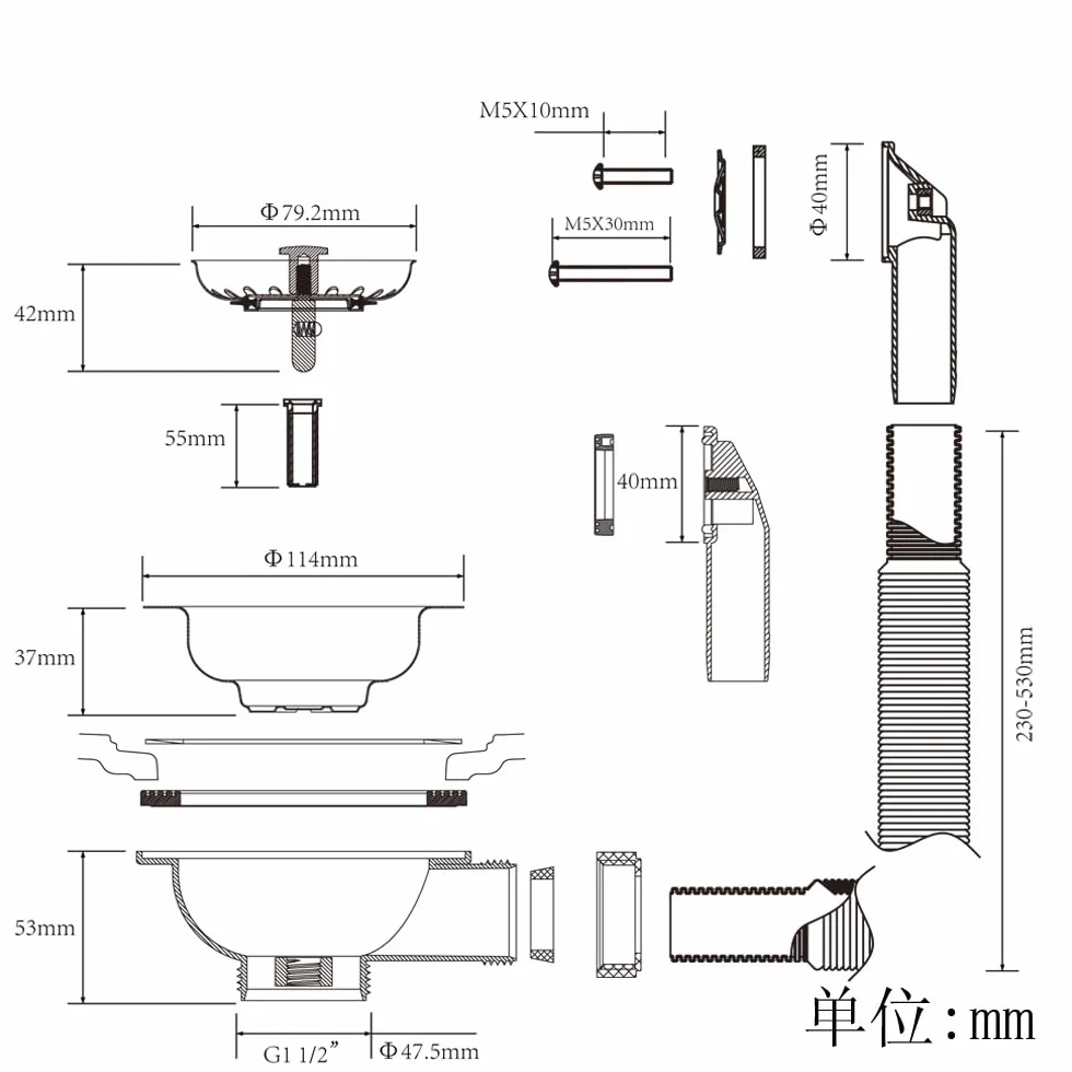 Talea 304 Vis Acier Inoxydable 5,5 cm Pour Évier Cuisine 114 mm Trop-plein Grille Vidange XK186GE