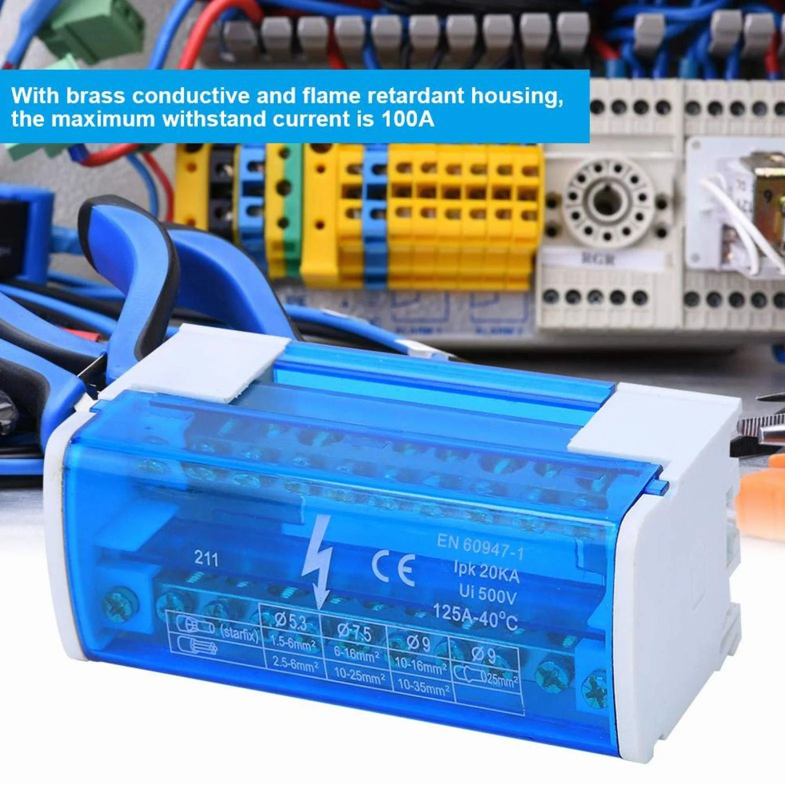 Boîte de Distribution de Bornes 125A 500V 2x11 Positions Rail DIN Monophasé 2 Niveaux avec Cache Anti-poussière