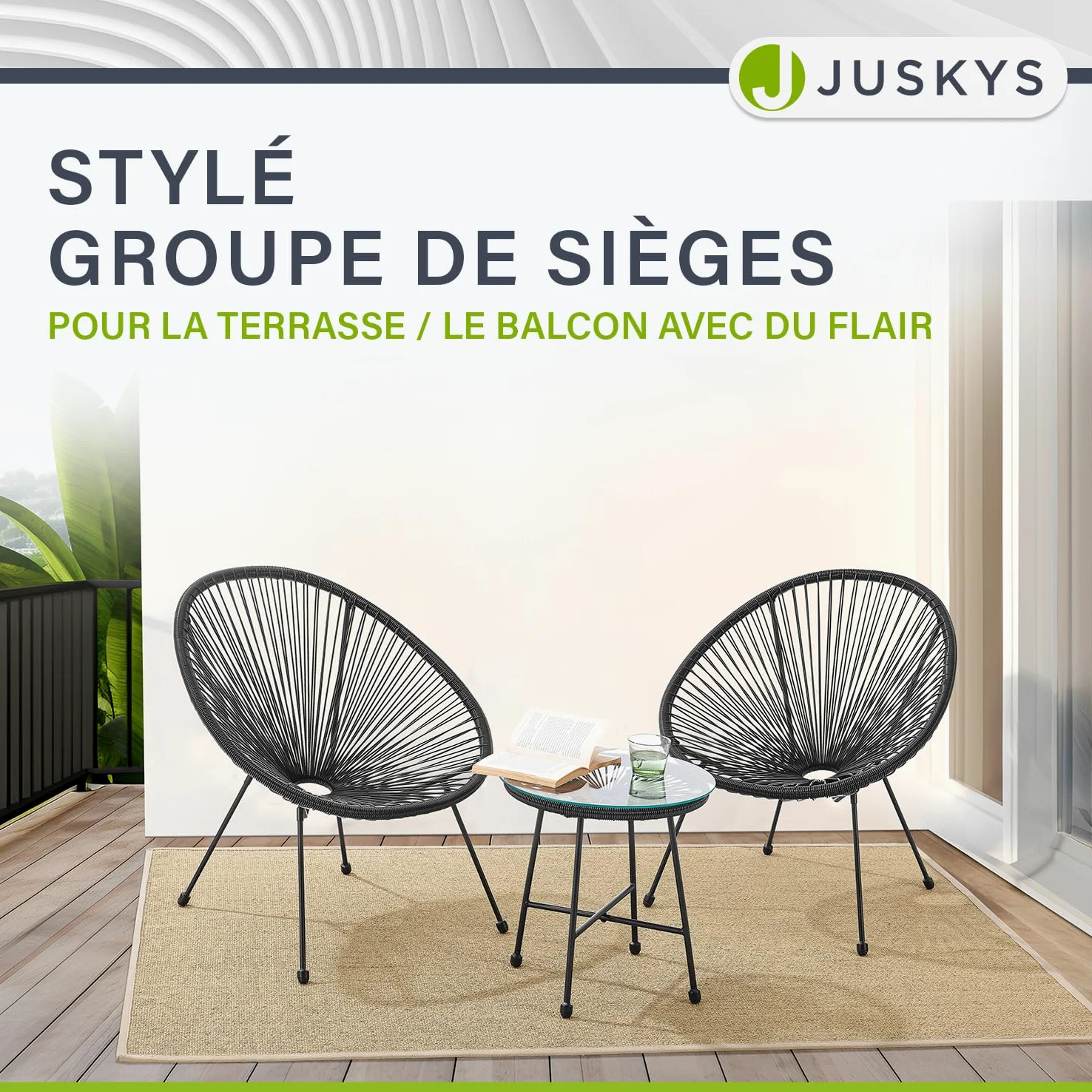 Juskys Ensemble de Meubles de Balcon Ostana en 3 Parties - Table et 2 fauteuils - Groupe de sièges élégant pour Balcon, terrasse et Jardin - Ensemble de Meubles de Jardin pour Balcon Noir