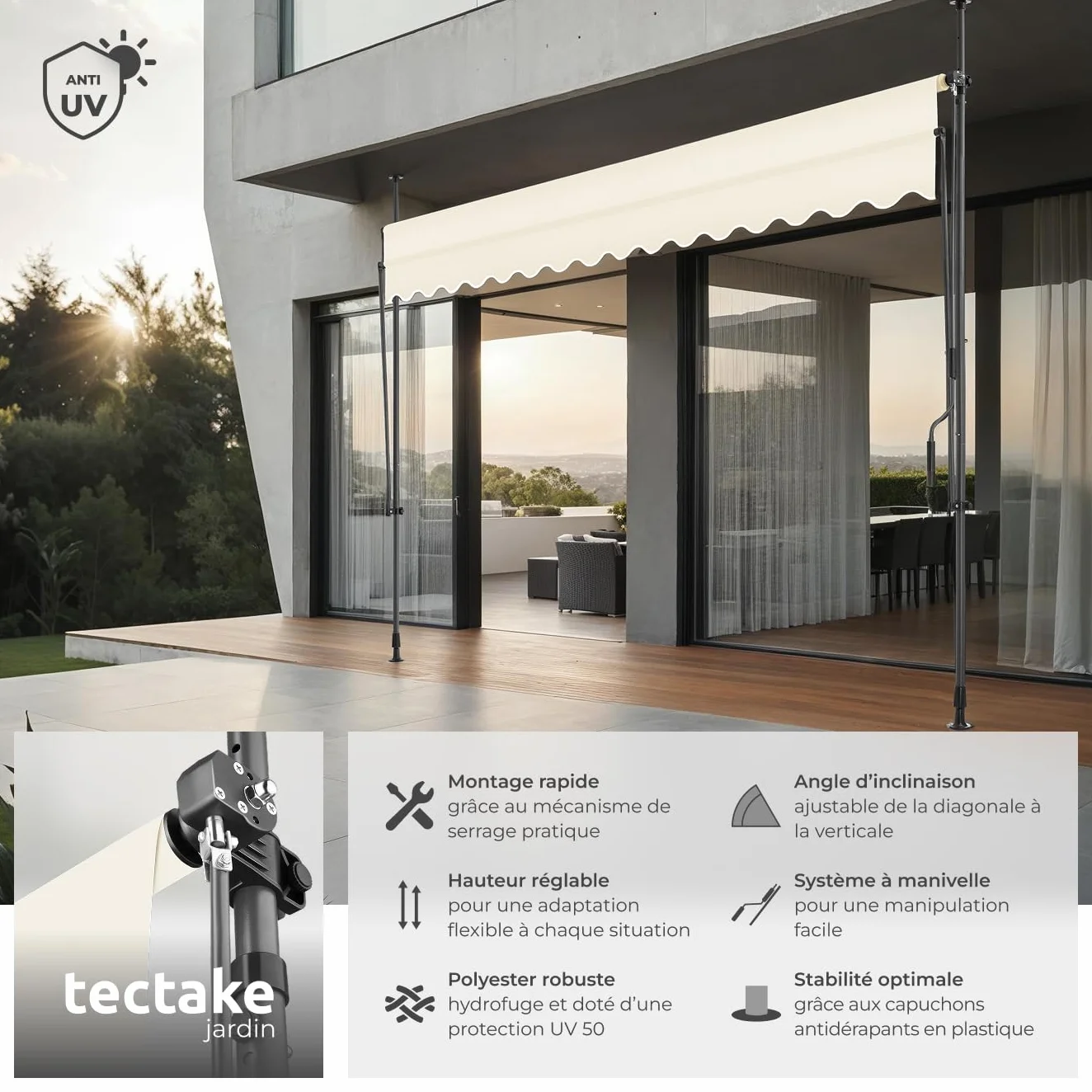 Store banne sans Perçage Auvent Marquise Retractable avec Manivelle Aluminium Beige 350 x 180 cm