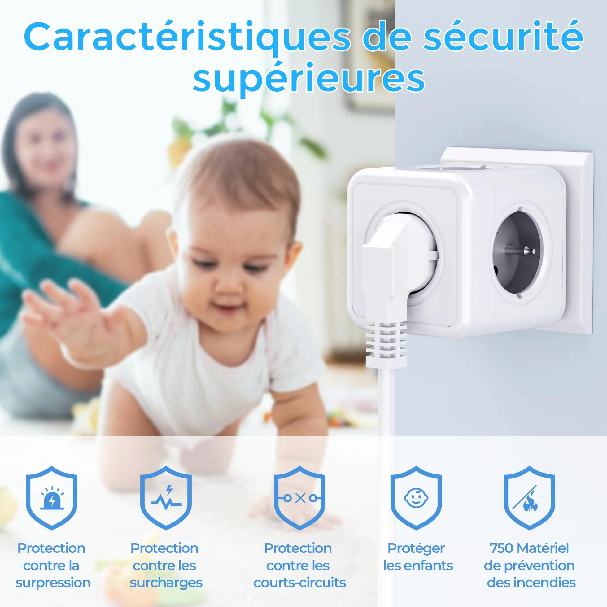 Prise cubique 5 en 1, multiprise murale 3680W, 5 prises frontales avec terre, adaptateur cube gris
