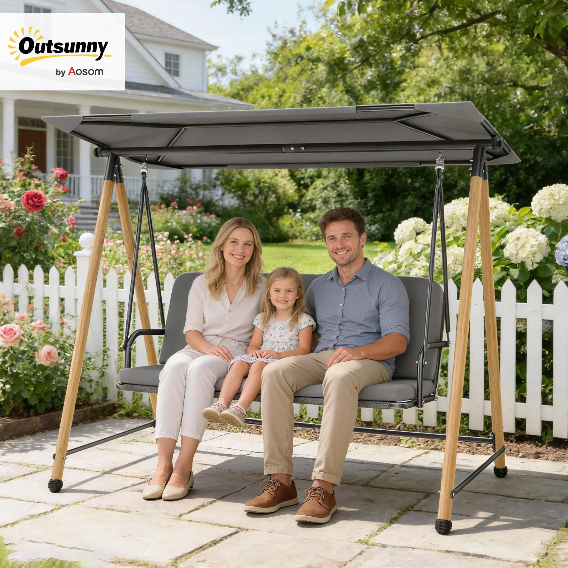 Outsunny Balancelle de Jardin 3 Places, Balançoire Extérieure Toit Réglable, Cadre Acier 360 kg 208x125x180 cm Gris
