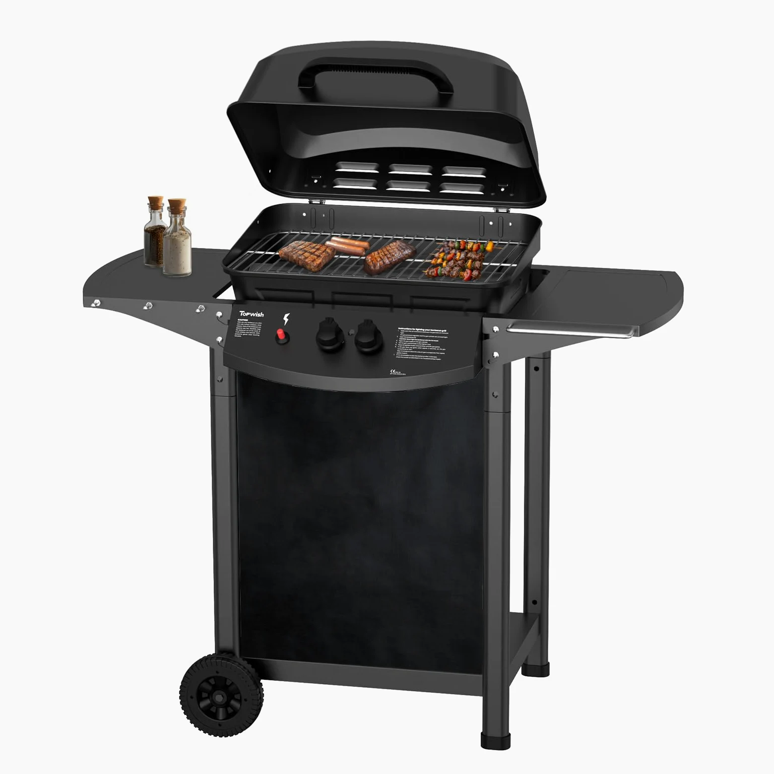 Topwish barbecue gaz, barbecues à gaz 2 brûleurs,plancha gaz exterieur,étagère rabattable en latéral, sur roulettes,6000W,106.44 * 55.6 * 103.85cm