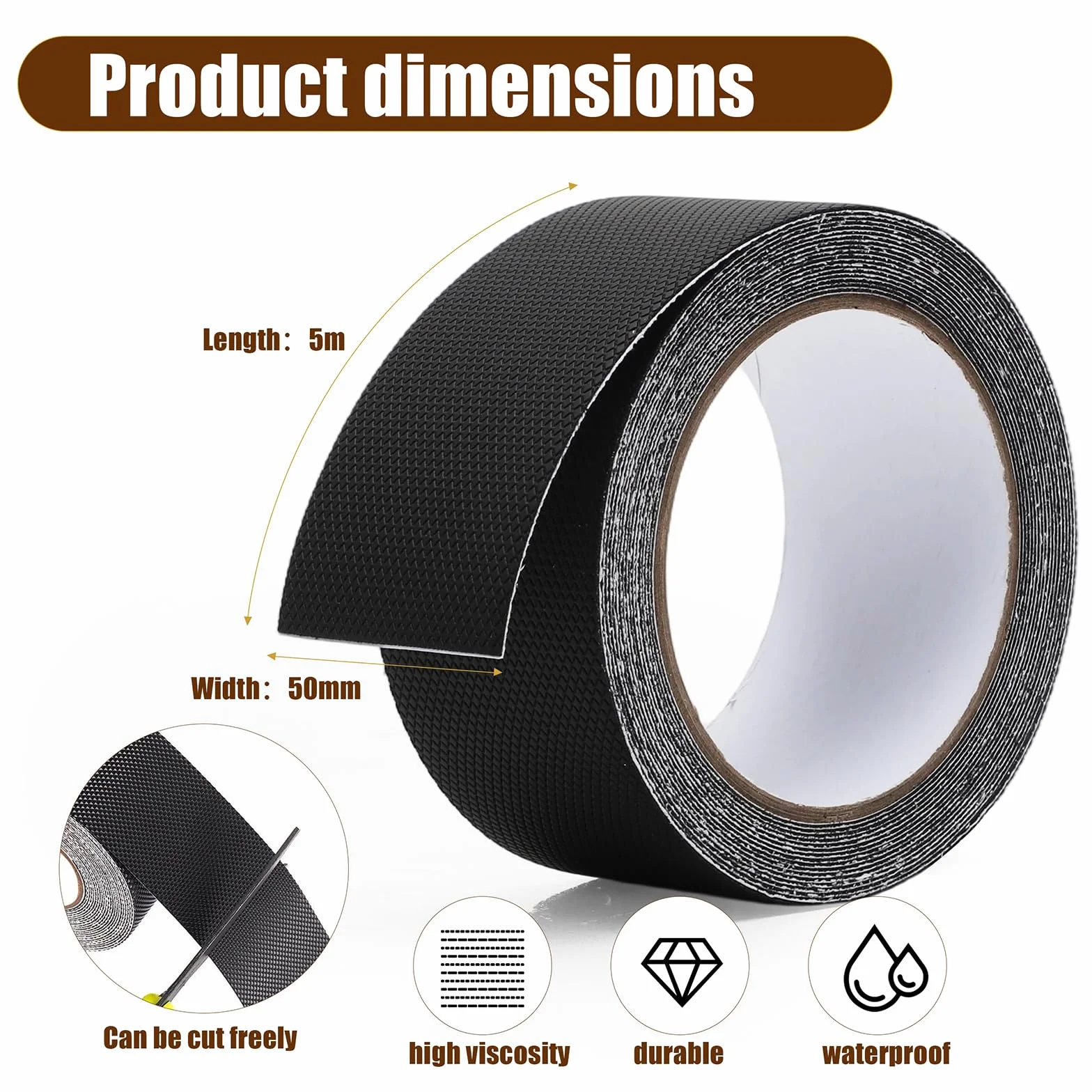 Ruban Antidérapant Auto-adhésif 5 cm x 5 m Noir pour Escaliers Intérieur Extérieur