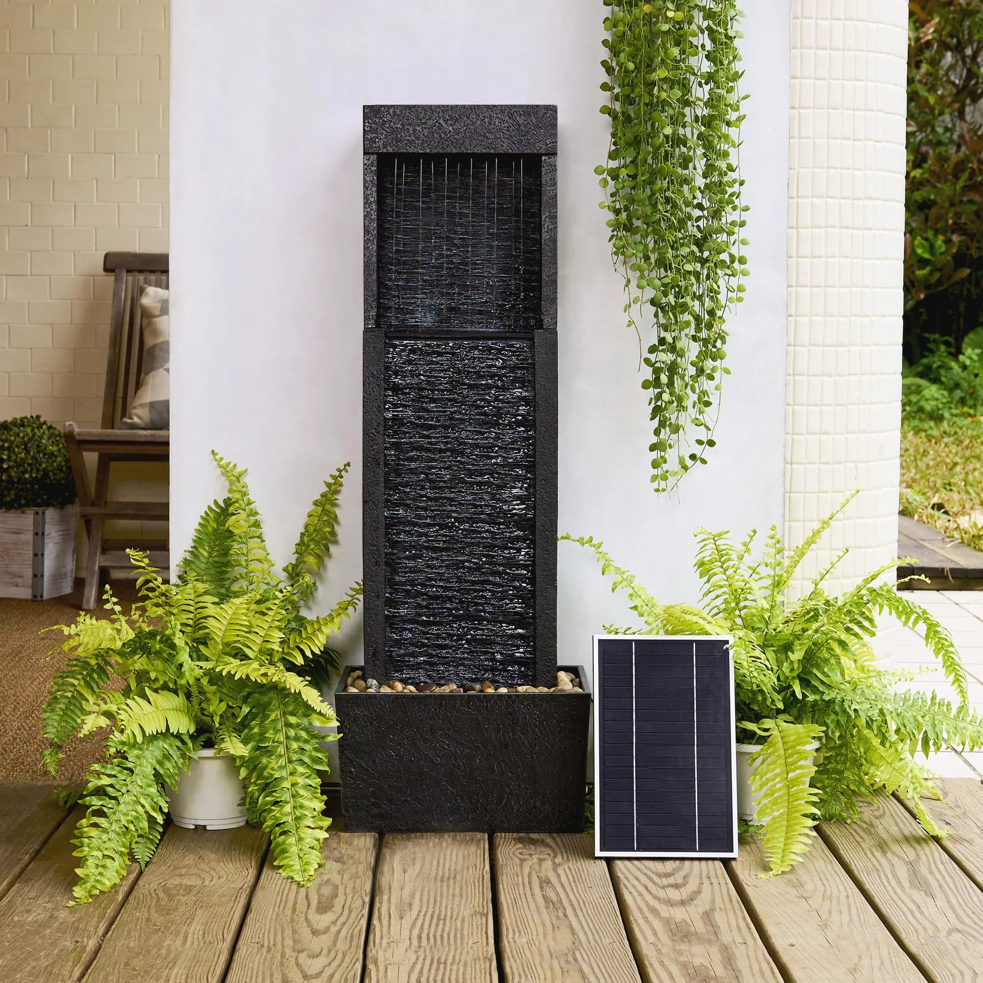 Fontaine extérieure Solaire Athena Teamson Home, Cascade Moderne avec éclairage LED, décoration Jardin, Noire