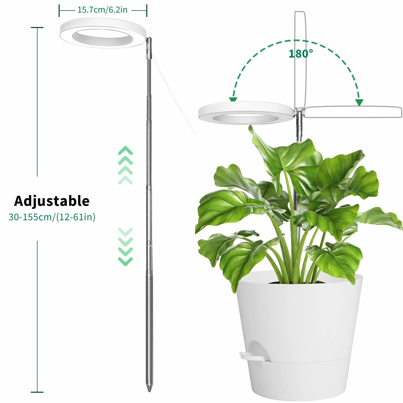 Qoolife Lampe Végétale LED à spectre complet pour plantes d'intérieur, 155 cm, hauteur réglable avec 72 LED, 3 niveaux de luminosité à intensité variable, minuterie 3/9/12 heures 2 paquets Blanc