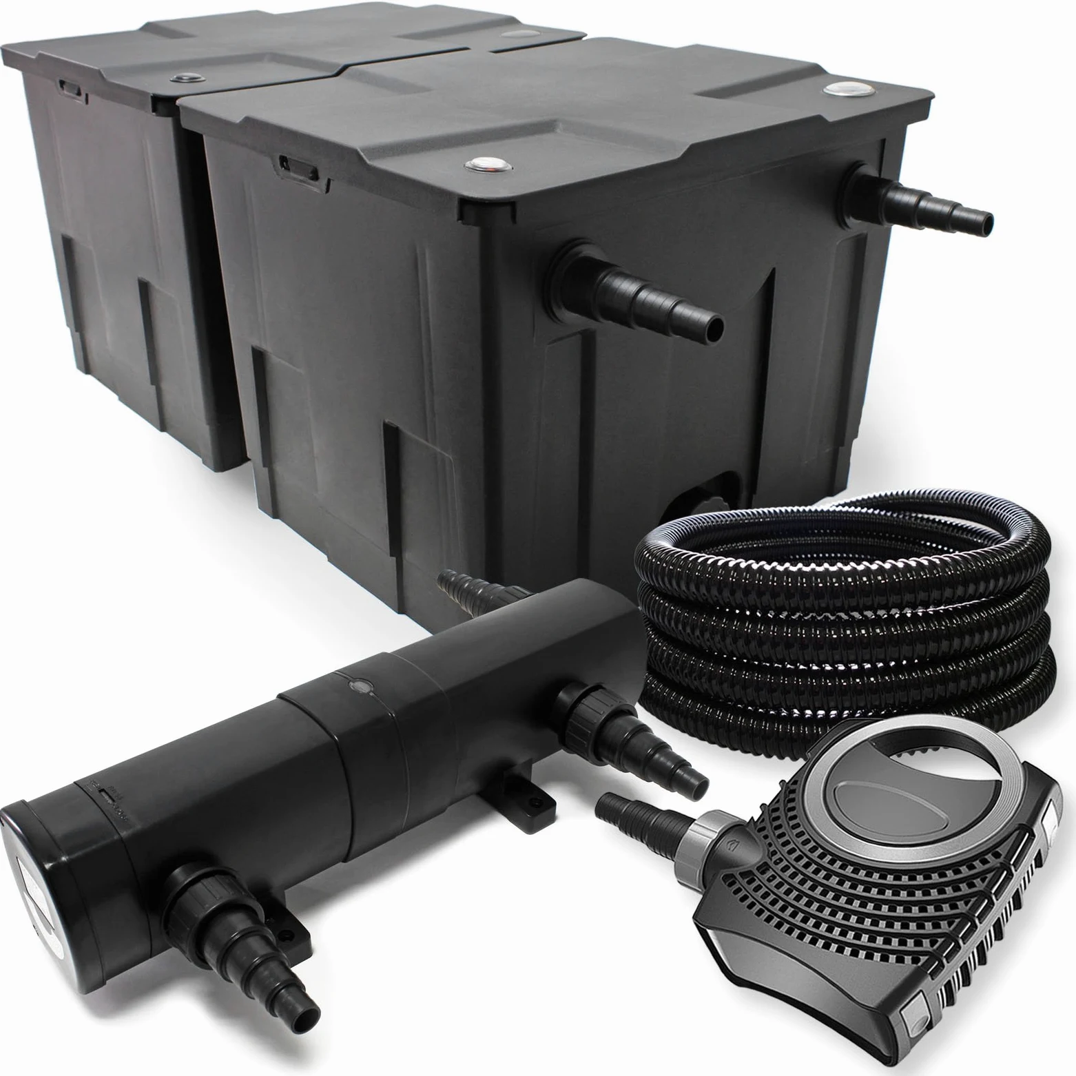 Wiltec Kit complet: CBF-350B Filtre de bassin jusqu'à 60000 L Biologique, NEO10000 SuperECO pompe de filtration 10000l/h 80W, CUV-224 lampe uv UVC Clarificateur avec 24W, 25m Tuyau 25 mm