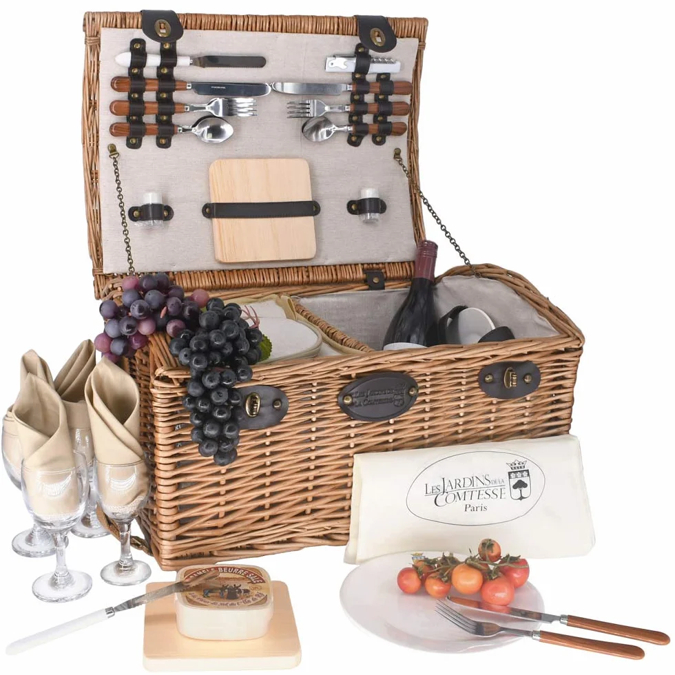 Les Jardins de la Comtesse - Panier Picnic Gisors en Osier Couleur Miel - 4 Personnes/Compartiment Isotherme et Assiettes en Céramique - Verres à Vin en Verre - Tissu Couleur Crème - 48 x 36 x 27 cm