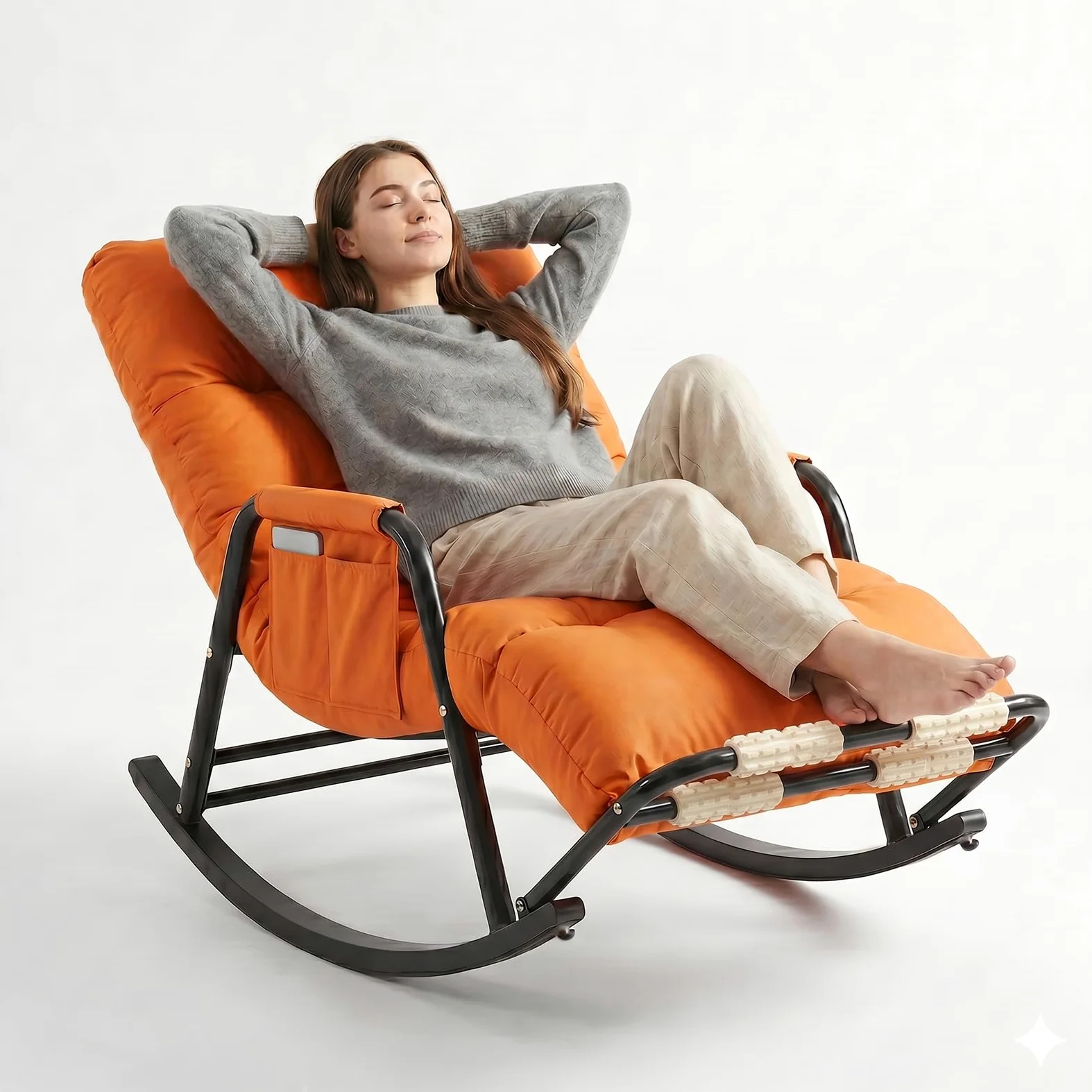 Fauteuil à Bascule Ergonomique, Rocking Chair Allaitement Silencieux avec Dossier et Repose-Jambes Réglables (5 Positions) et Repose-Pieds Massant, Chaise Relax en Cuir Anti-rayures, 150kg (Orange)